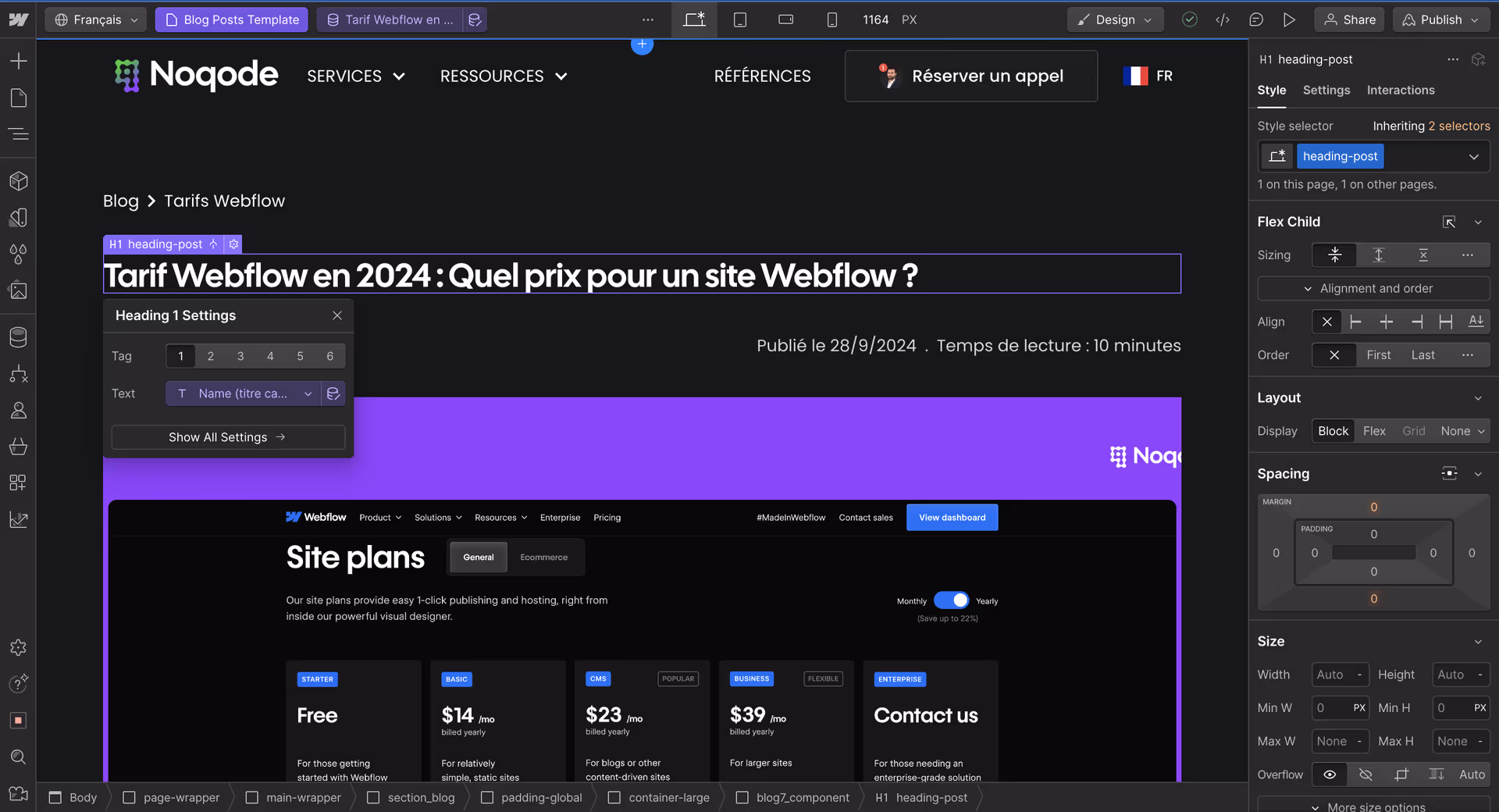 Réglage des balise Hn du site noqode.fr dans Webflow
