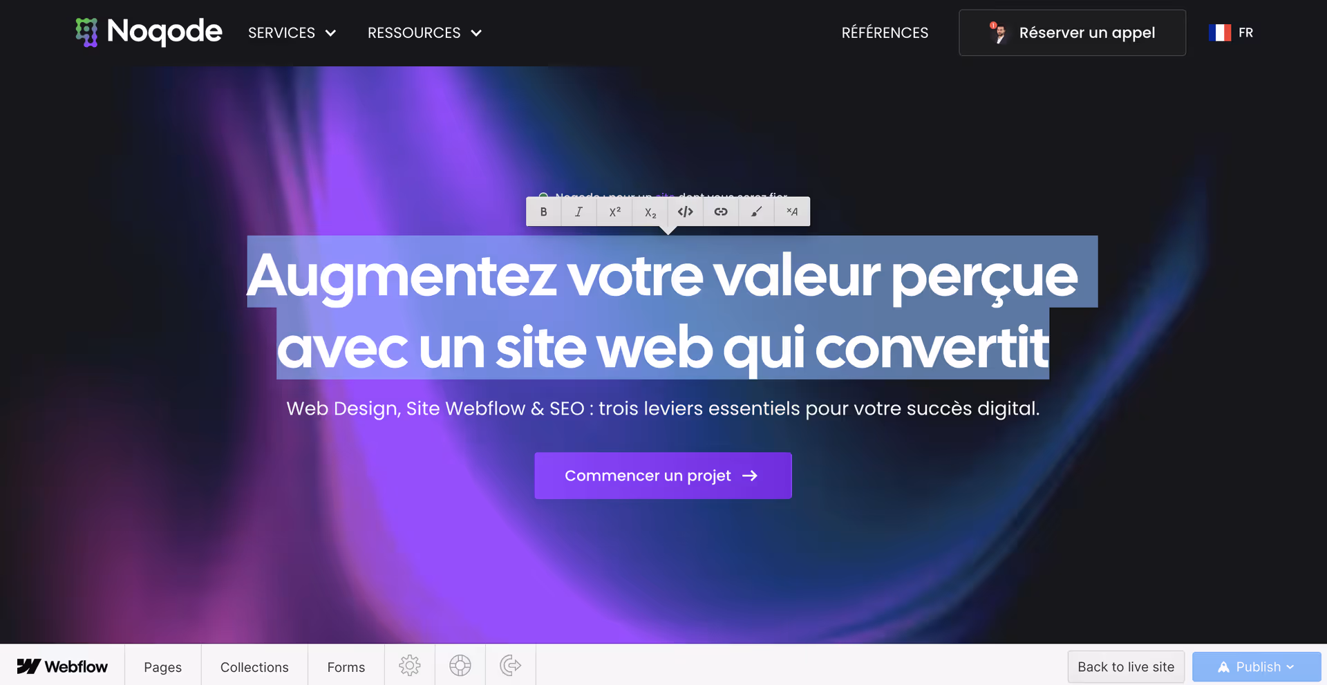 Mode éditeur de Webflow