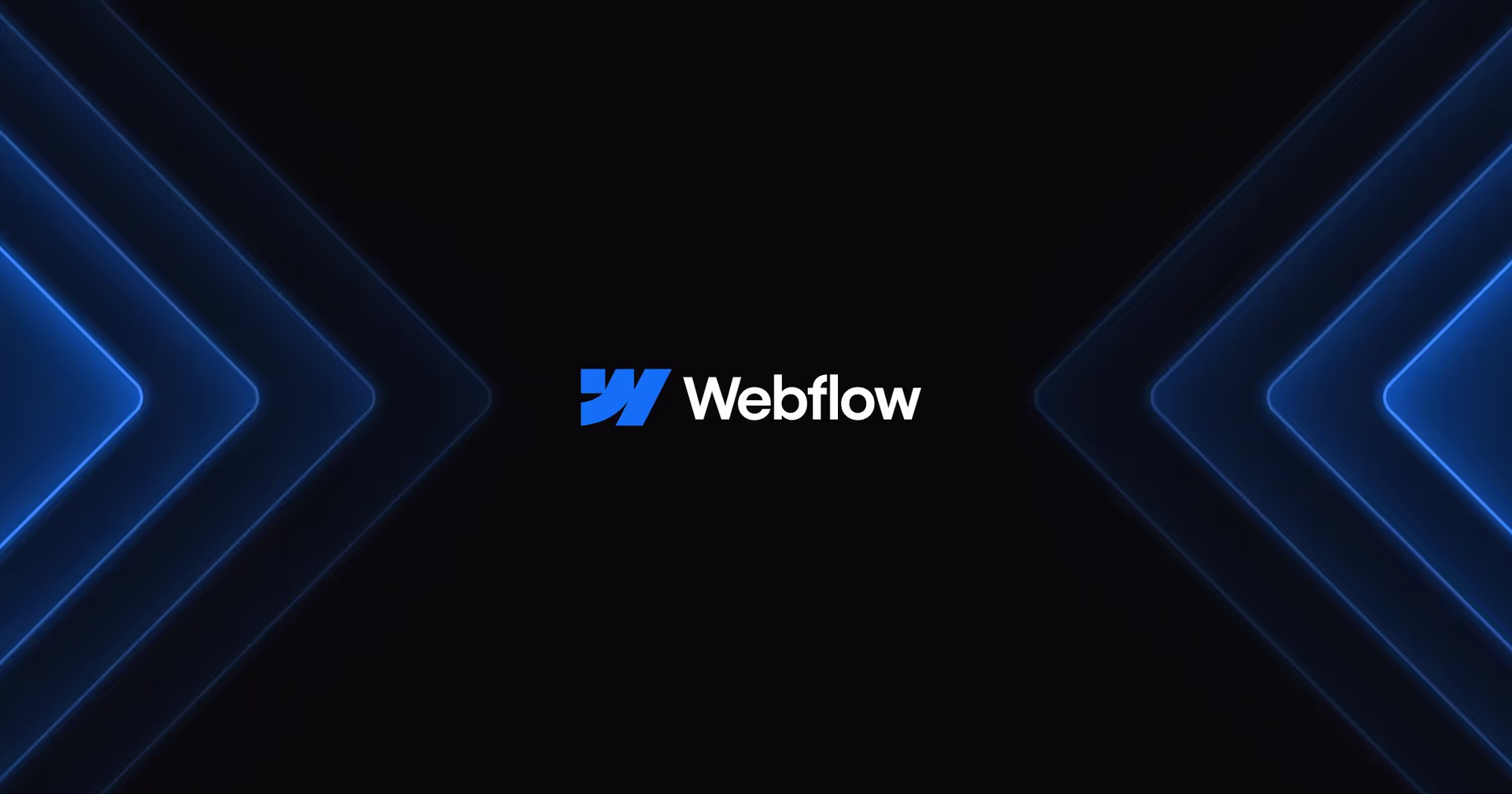 Bannière du logo Webflow sur fond noir, avec des motifs lumineux en forme de flèches.