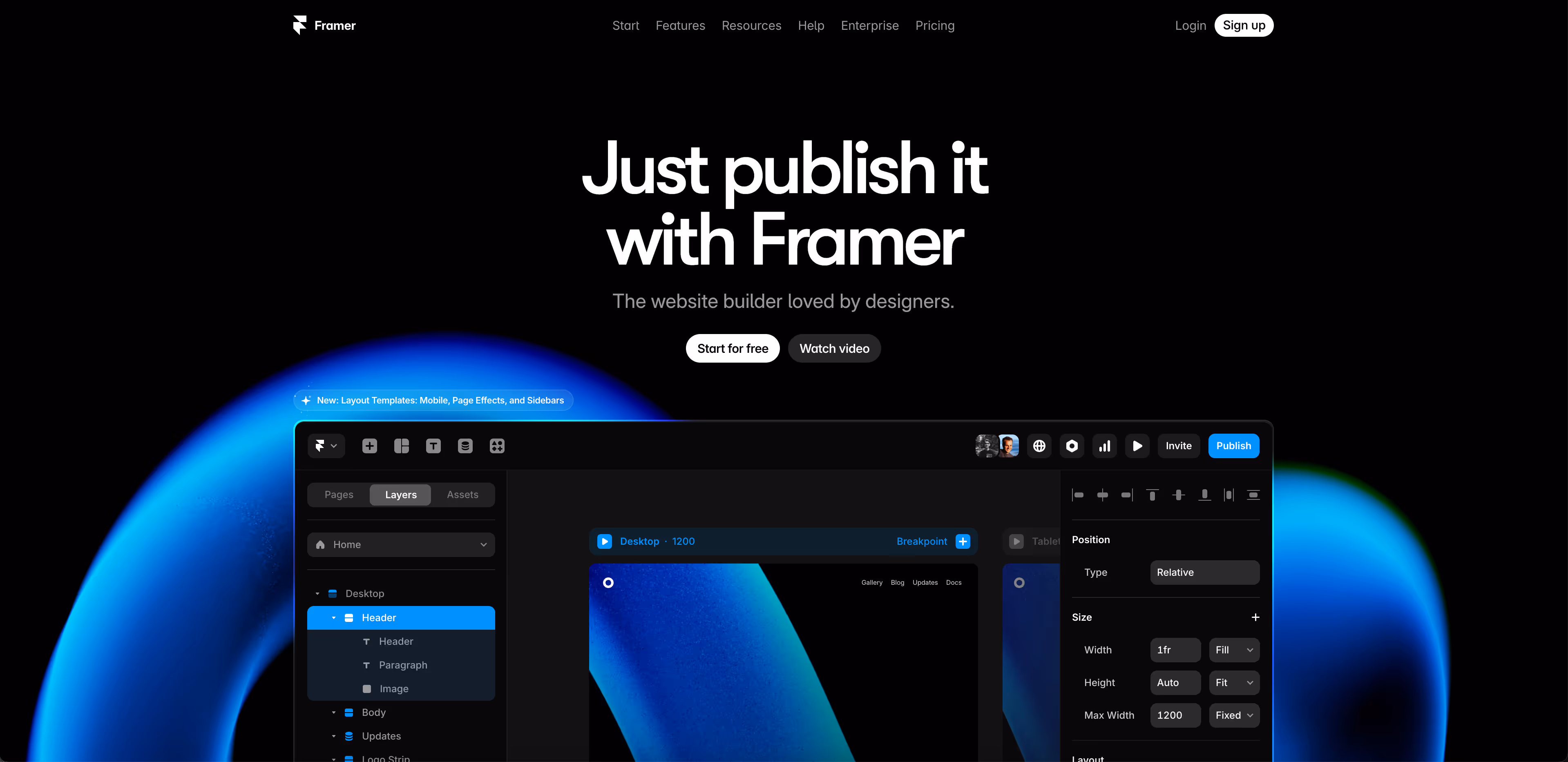Interface de création de site sur Framer