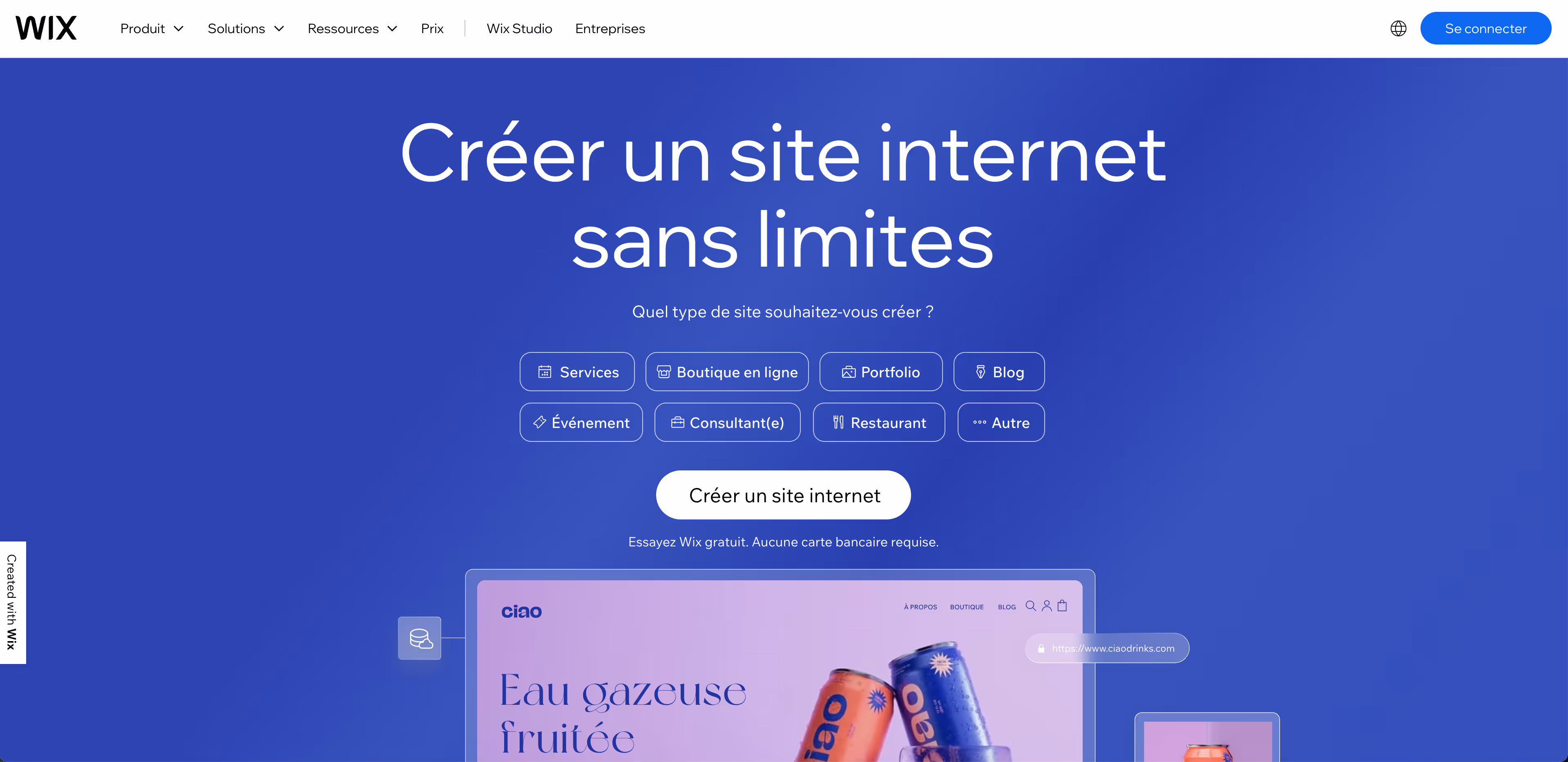 Page d’accueil de Wix