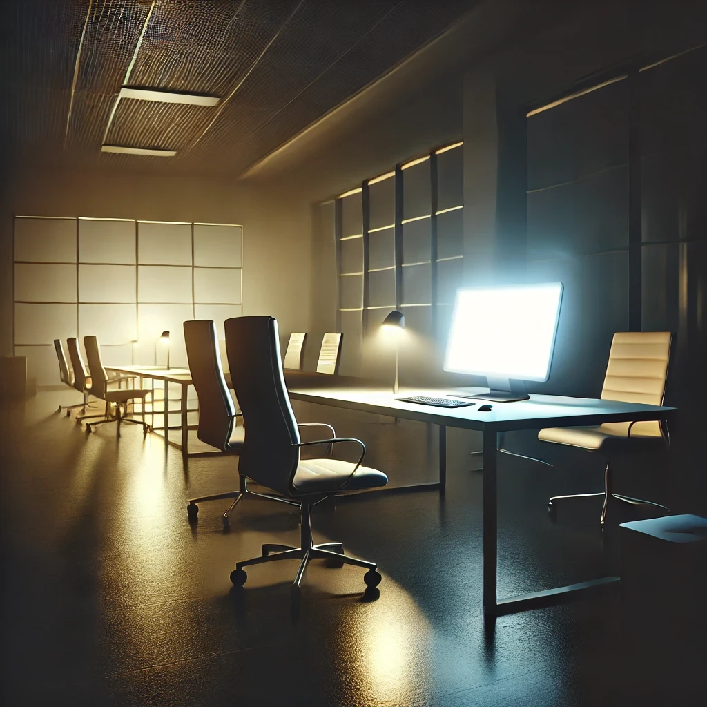 Illustration d’un espace de travail numérique vide, symbolisant un site web commercial opérant 24h/24. Le bureau est éclairé uniquement par la lumière d’un écran, représentant un système autonome, toujours actif et disponible, sans besoin d’interaction humaine. Un parallèle avec un site web performant qui continue de générer des leads et de convertir des prospects, même en l'absence de présence physique.