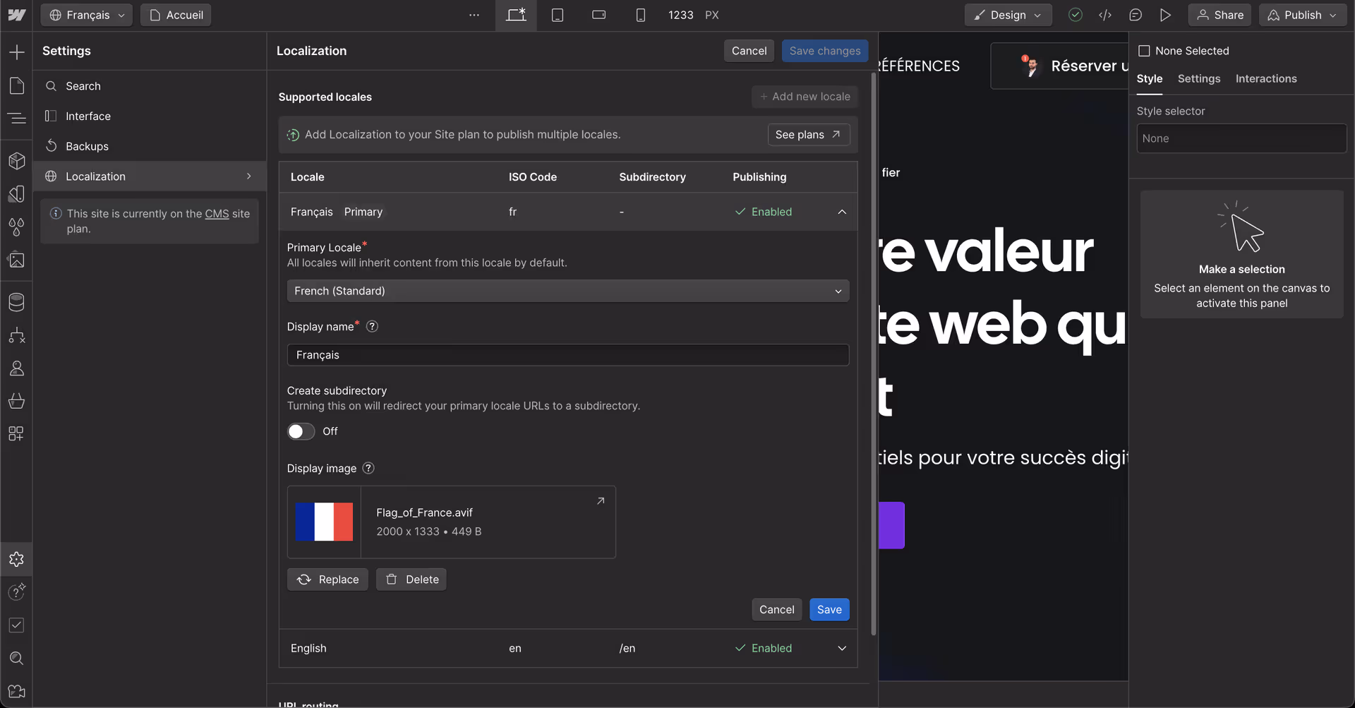 Configurez la locale principale sur Webflow Localization