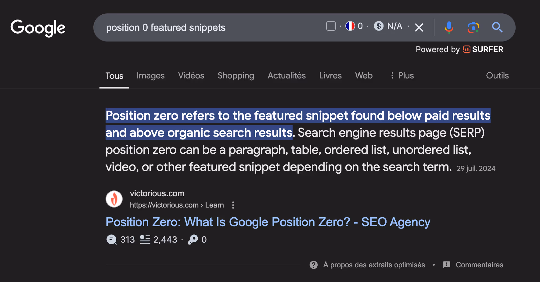 Exemple de position 0 (featured snippets) sur Google