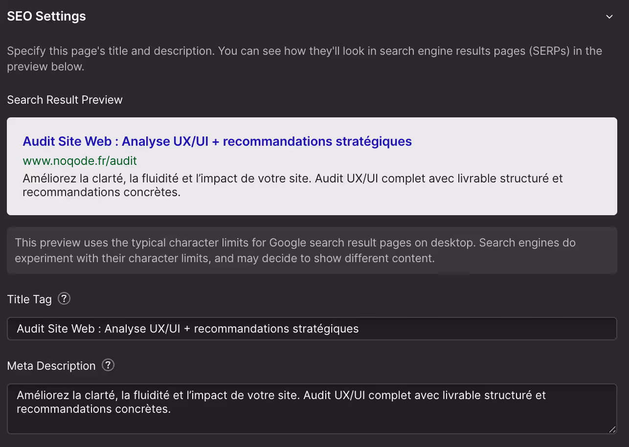 Paramétrage SEO du Title et de la Meta Description dans Webflow