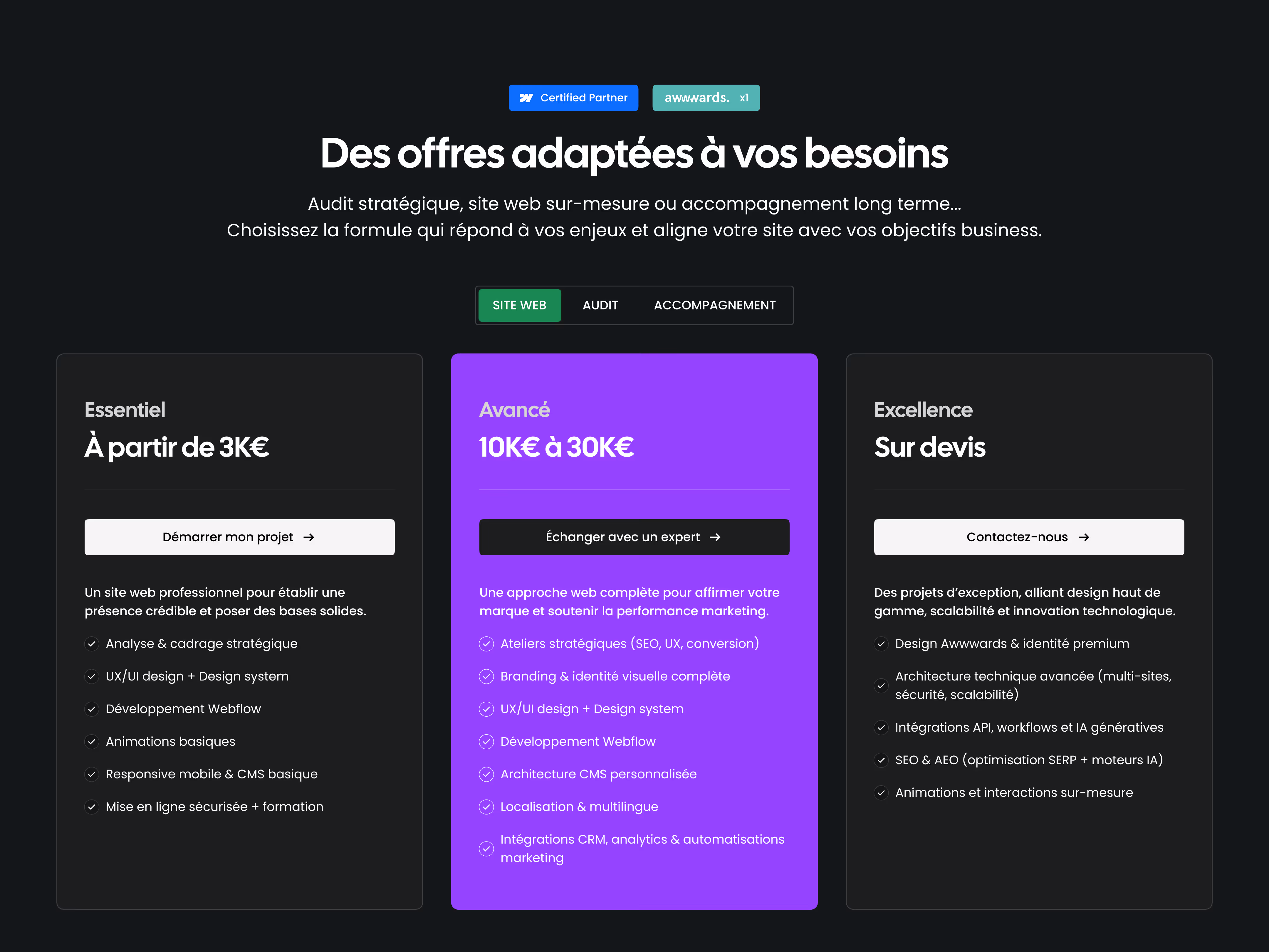 Offres Noqode pour la création de sites Webflow : Essentiel dès 3K€, Avancé 10–30K€, Excellence sur devis.