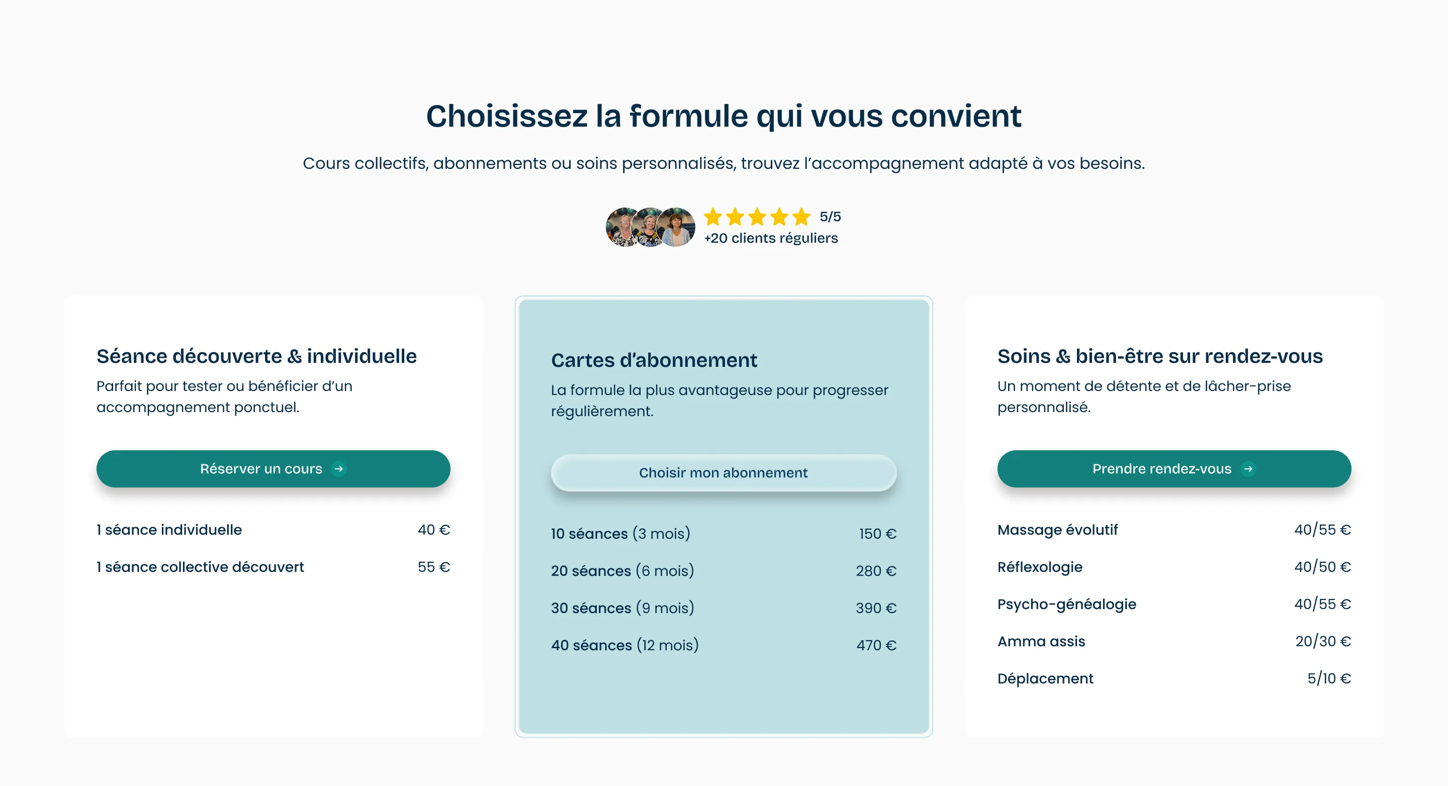 Offres Florence Planchenault yoga pilates sophrologie massages cartes abonnement cours collectifs soins personnalisés tarifs