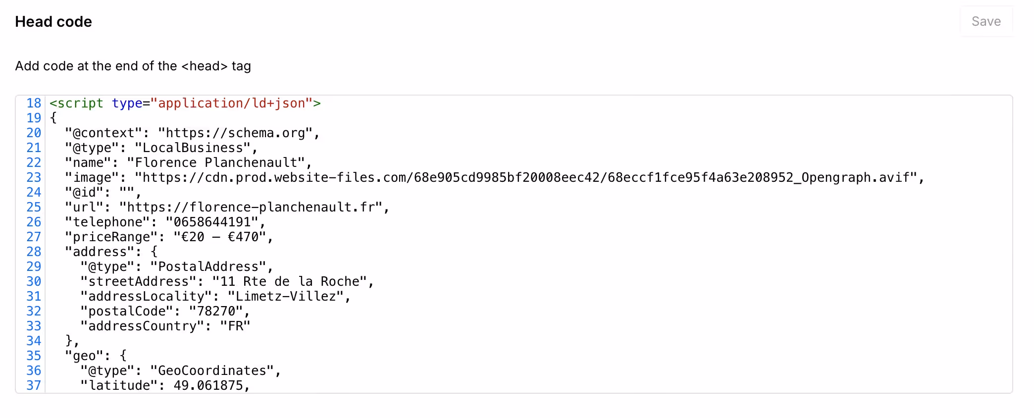 Schema JSON LocalBusiness Florence Planchenault SEO local Limetz-Villez géolocalisation données structurées