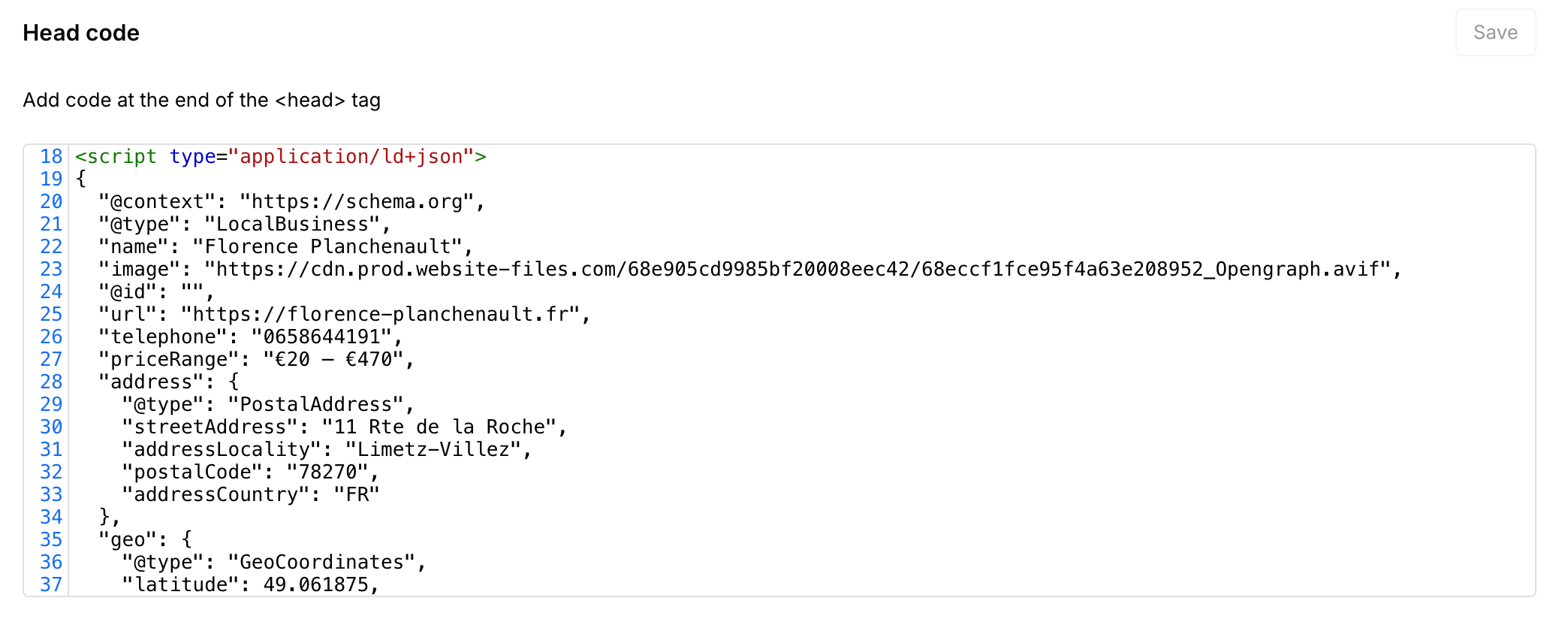 Florence Planchenault LocalBusiness JSON schema for local SEO in Limetz-Villez, with geolocation and structured data