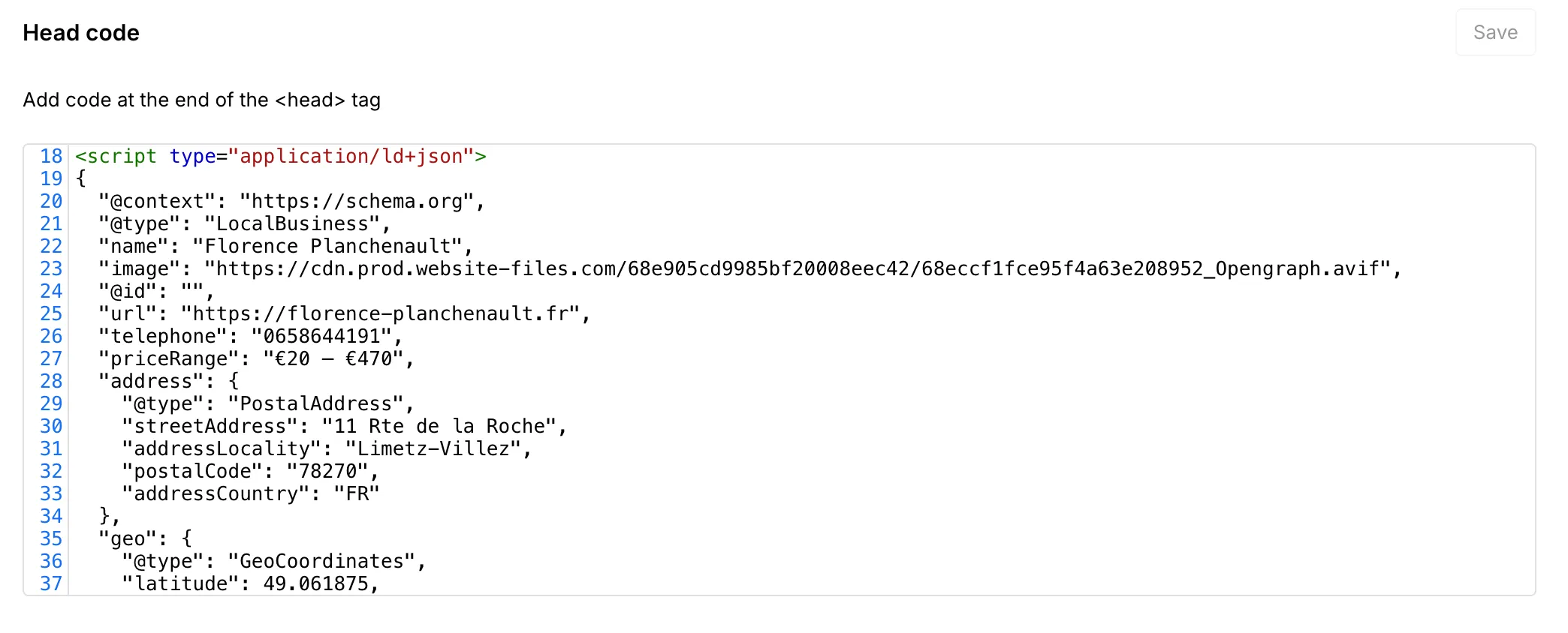Schema JSON LocalBusiness Florence Planchenault SEO local Limetz-Villez géolocalisation données structurées