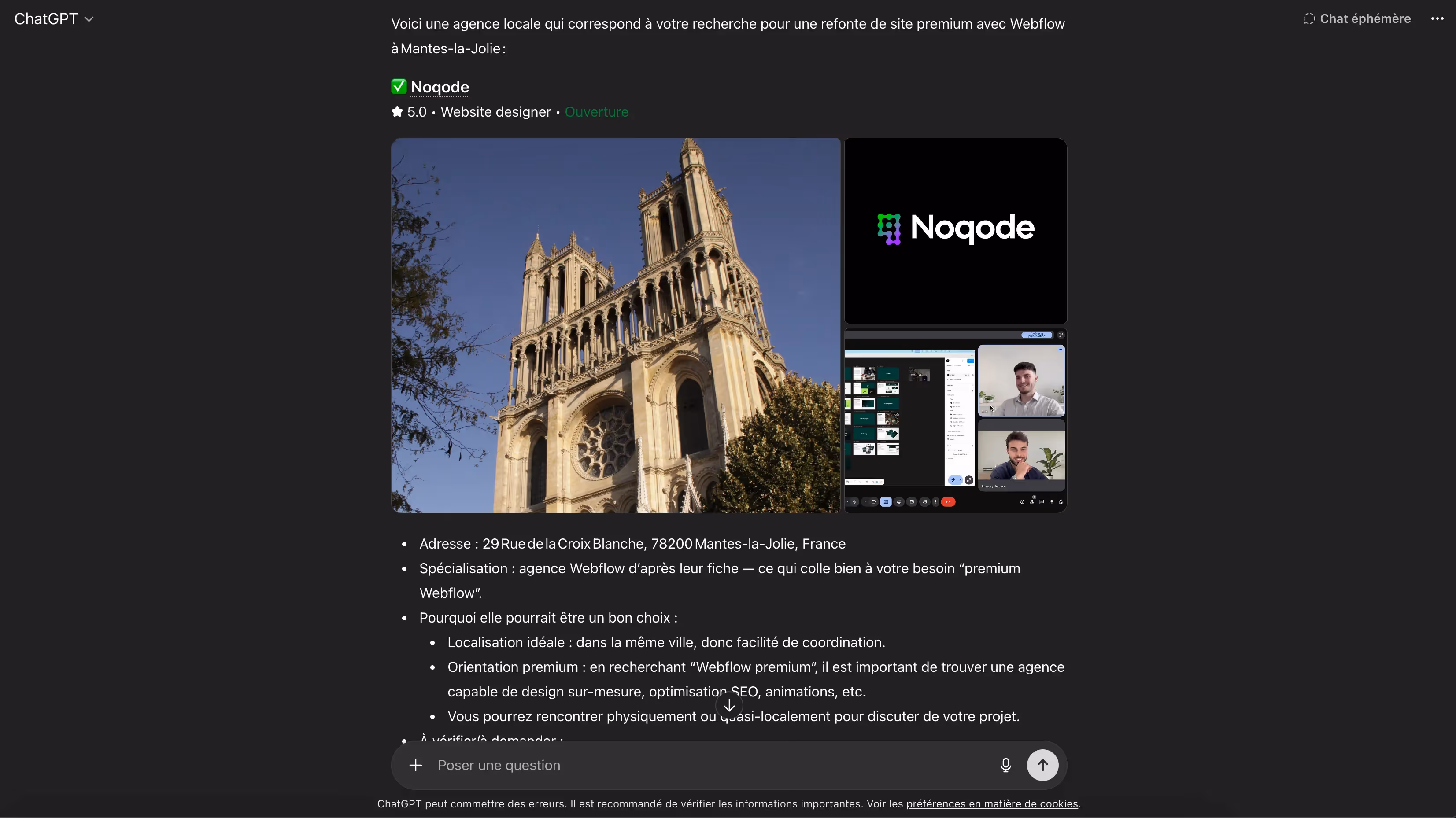 Résultat recherche ChatGPT agence Webflow premium Mantes-la-Jolie montrant Noqode en première position