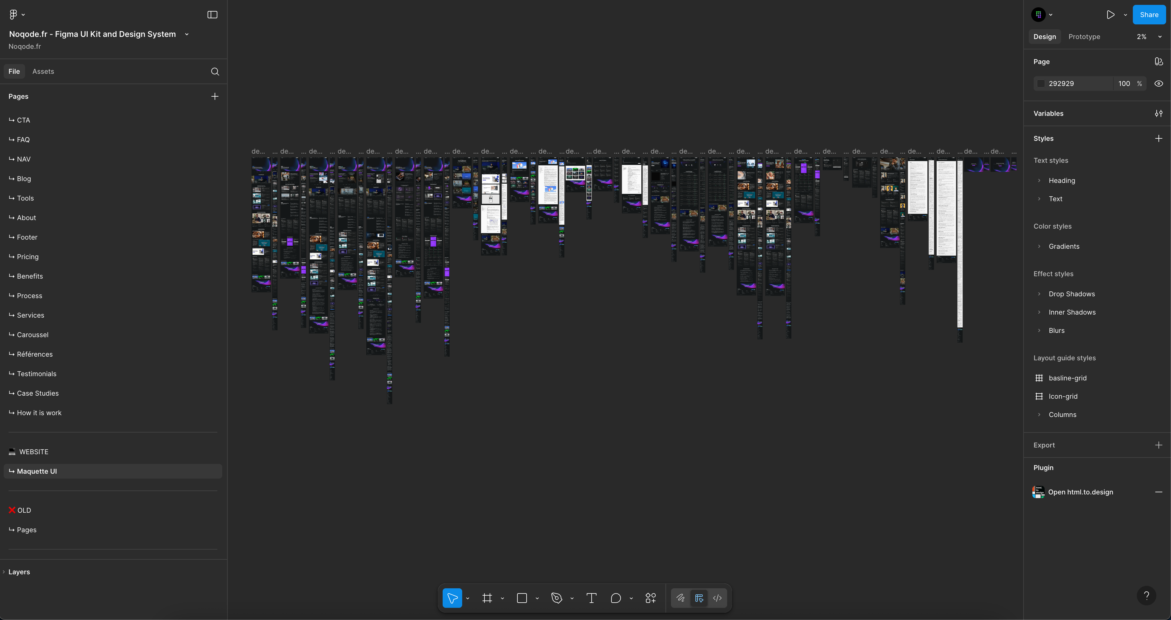 Balise alt : Interface Figma UI Kit Noqode montrant architecture complète design system avec pages composants et styles