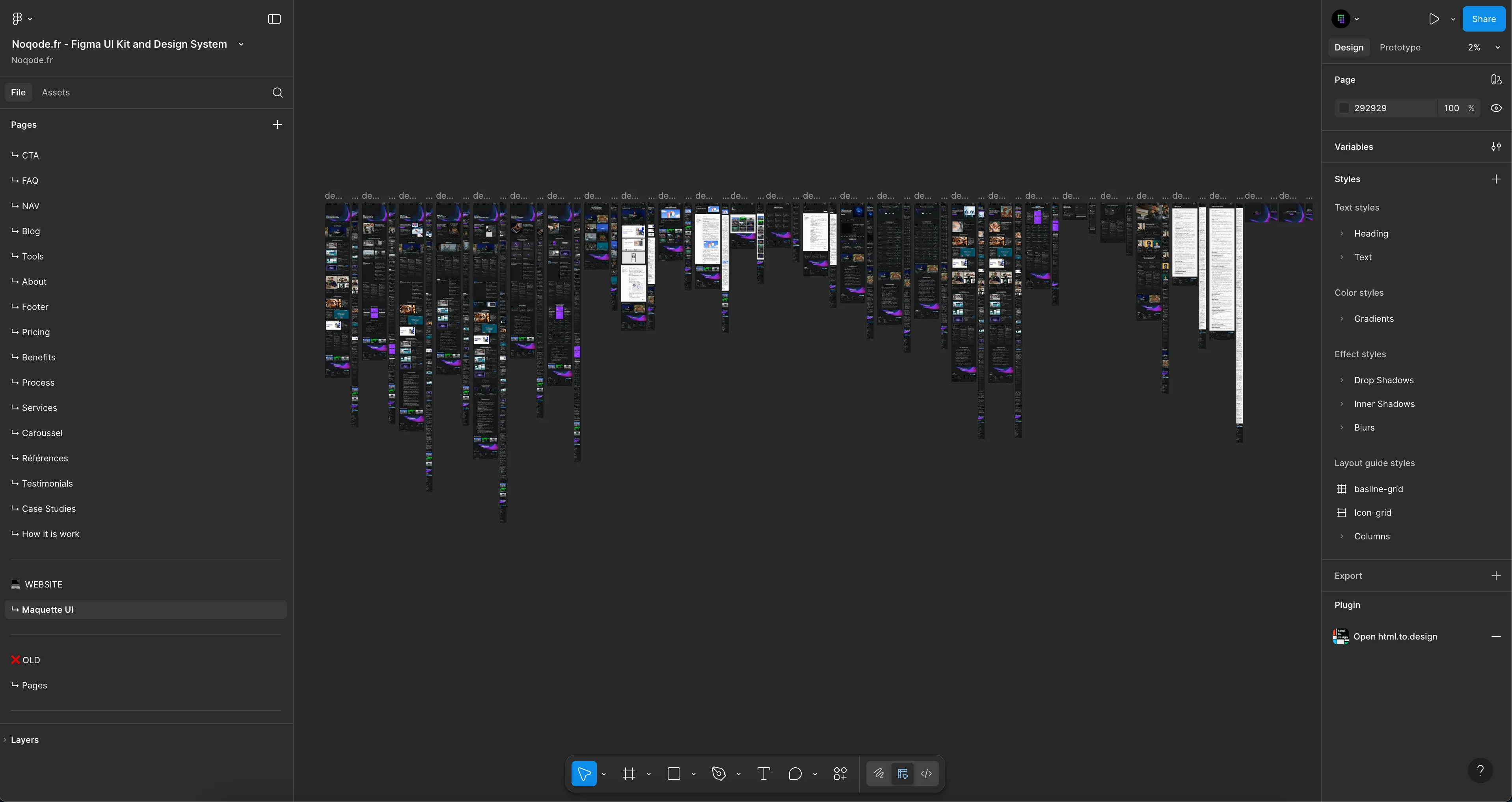 Balise alt : Interface Figma UI Kit Noqode montrant architecture complète design system avec pages composants et styles