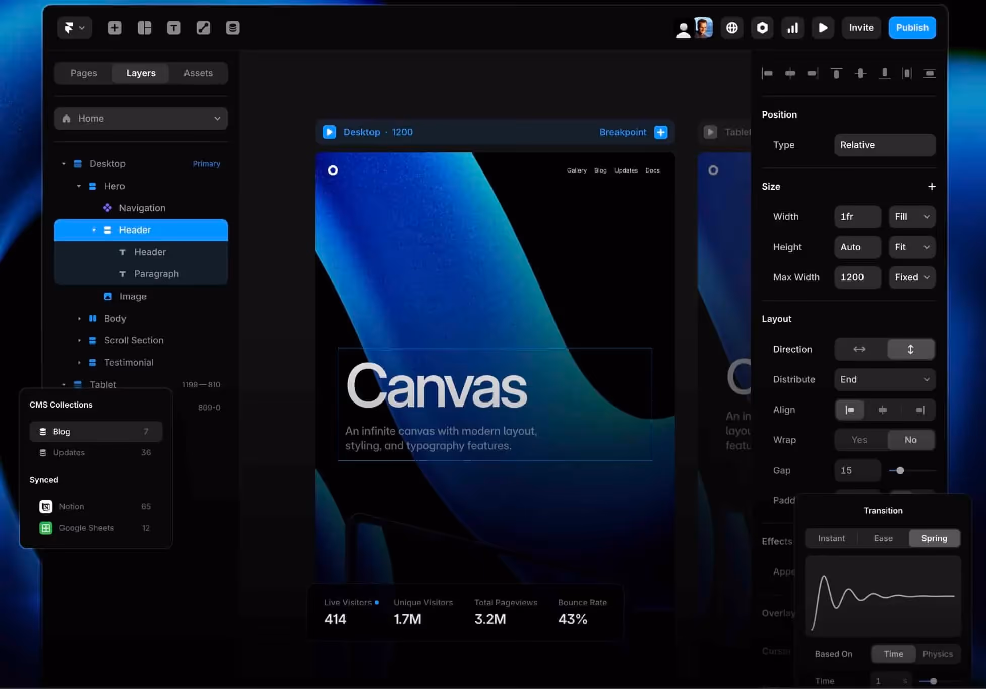 Interface Framer montrant éditeur Canvas avec layout moderne et statistiques temps réel