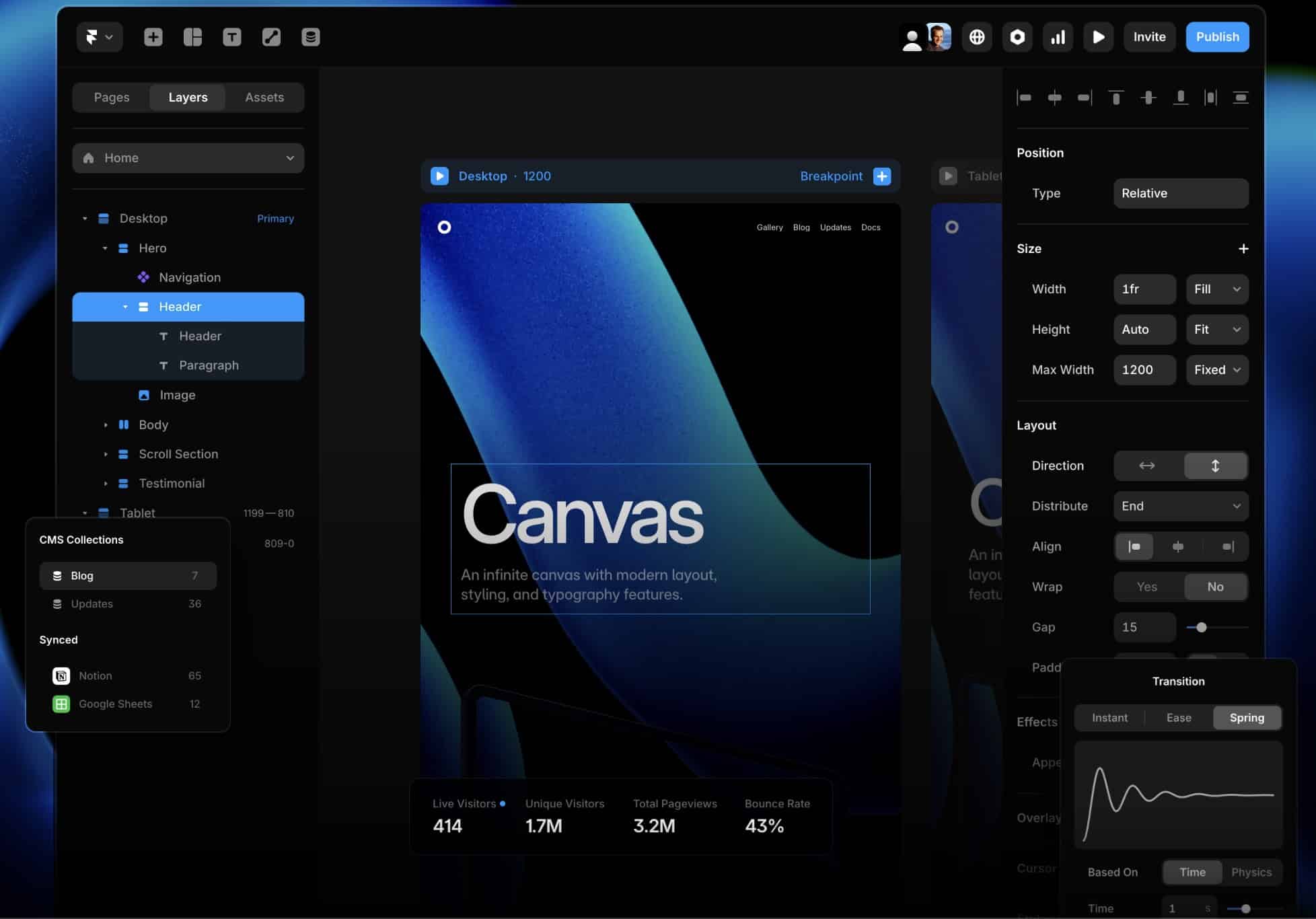 Framer interface showing the Canvas editor with a modern layout and real-time statistics