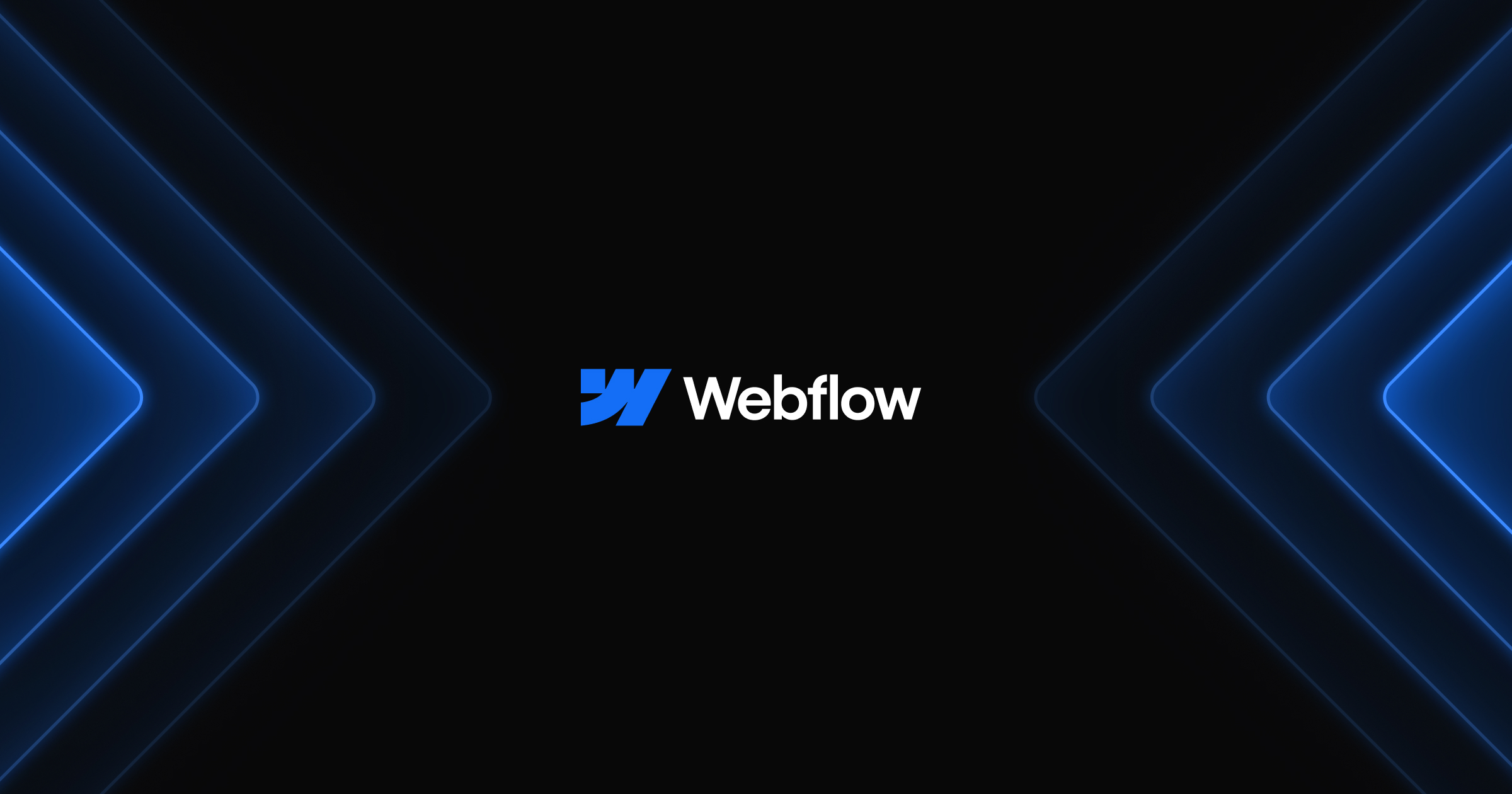 Webflow logo on a blue background with geometric patterns