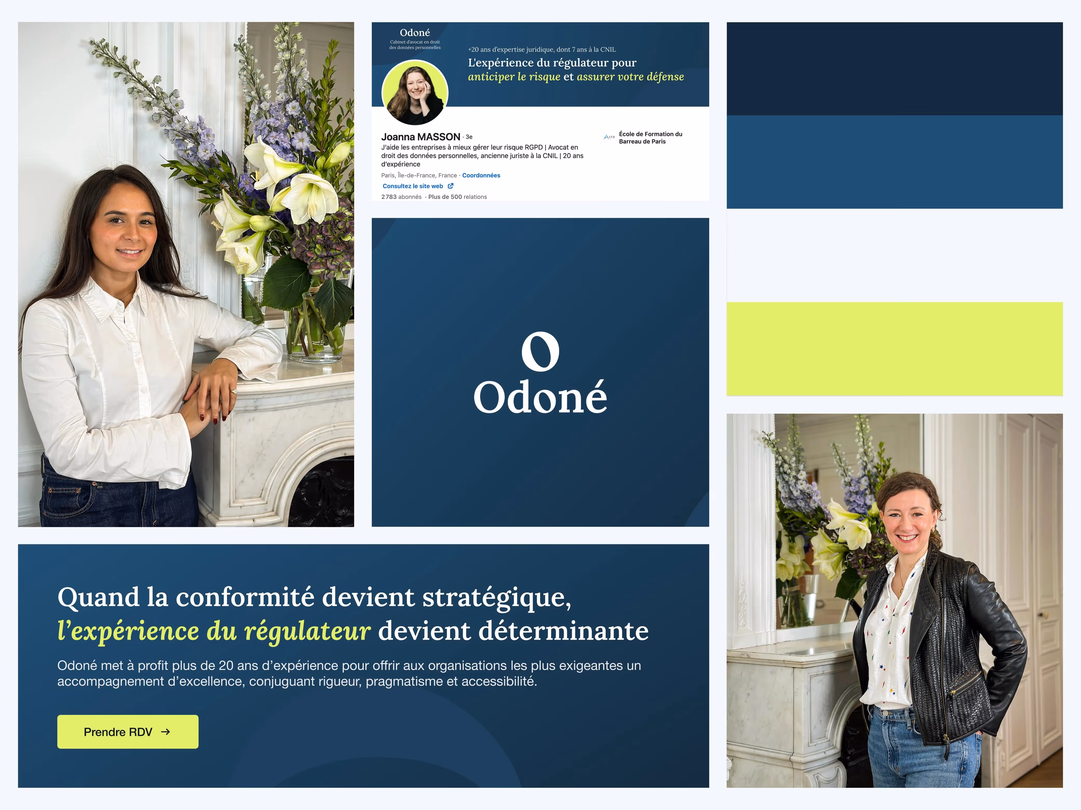 Identité visuelle cabinet d'avocats Odoné : portrait professionnel Joanna Masson, logo bleu Chatham, profil LinkedIn et éléments de charte graphique premium
