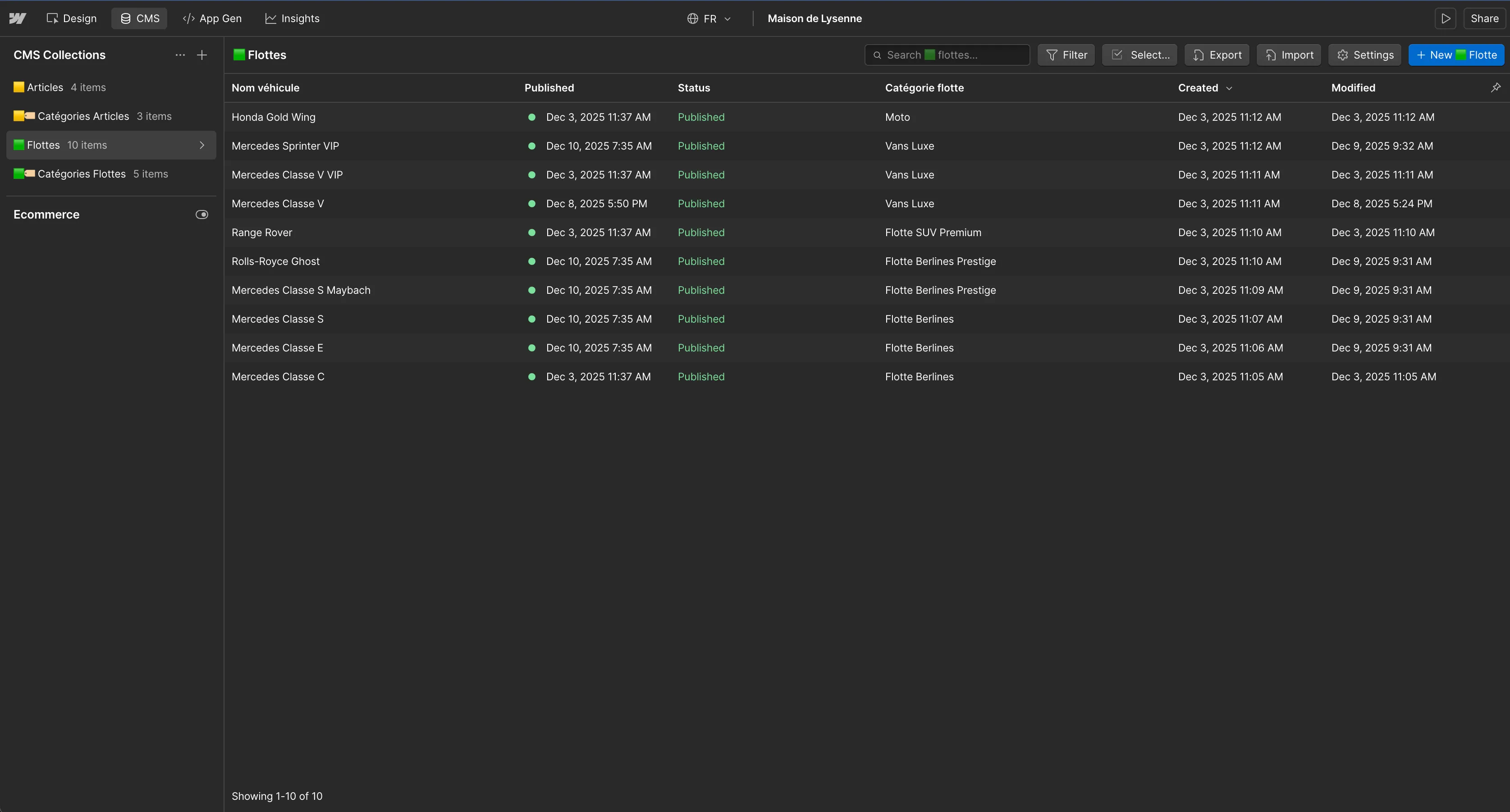 Interface CMS Webflow gestion flotte véhicules Maison de Lysenne