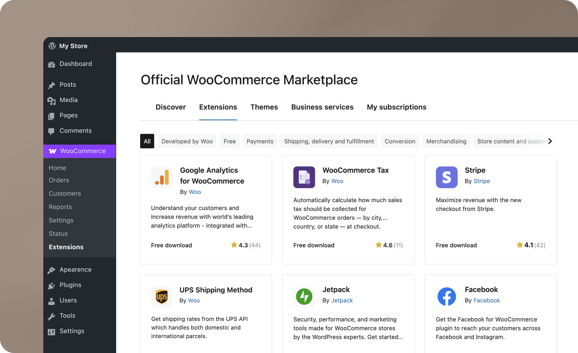 Interface d'administration WooCommerce — gestion de boutique en ligne sur WordPress