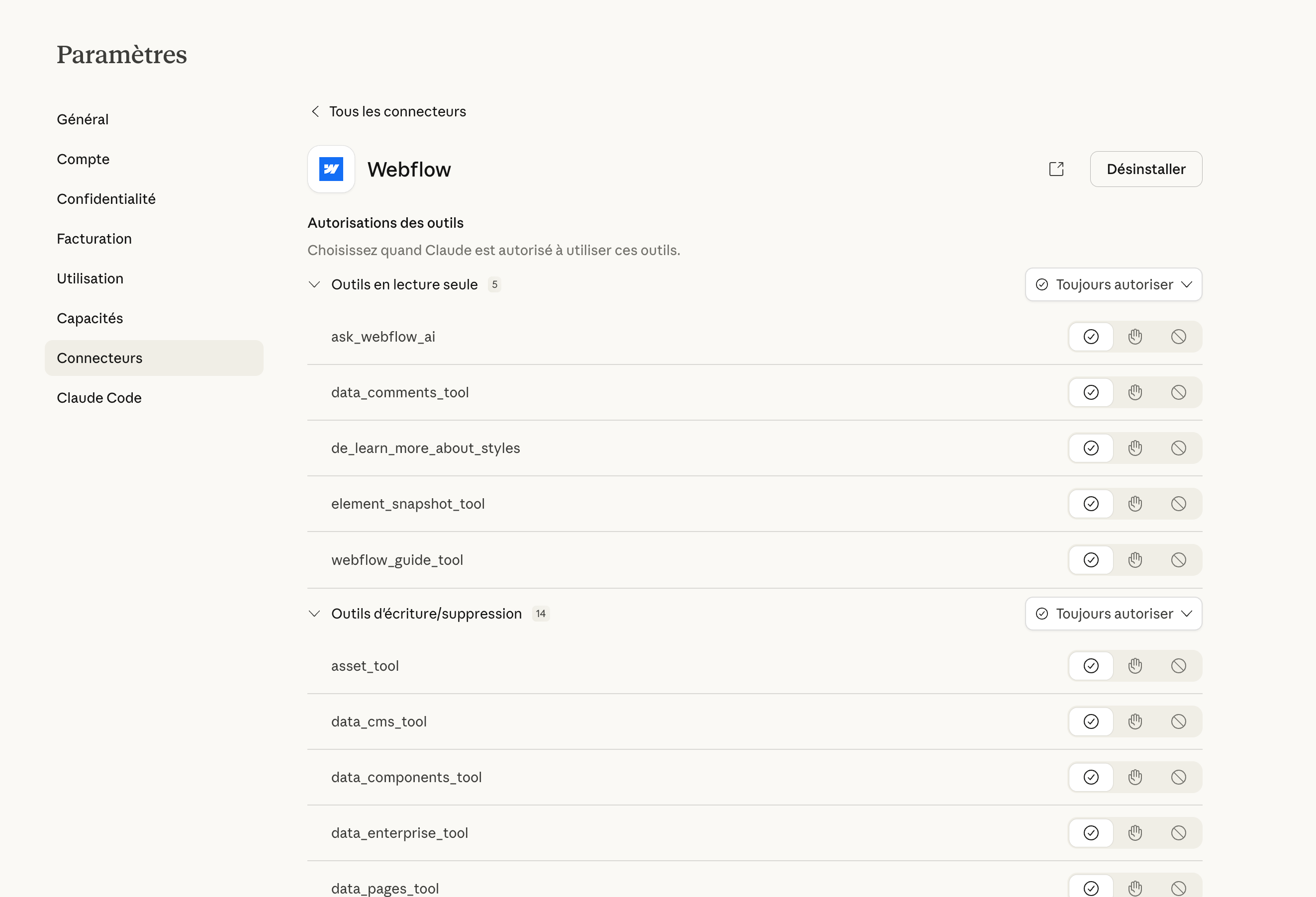 Panneau de configuration du connecteur Webflow dans Claude - outils lecture seule et écriture/suppression