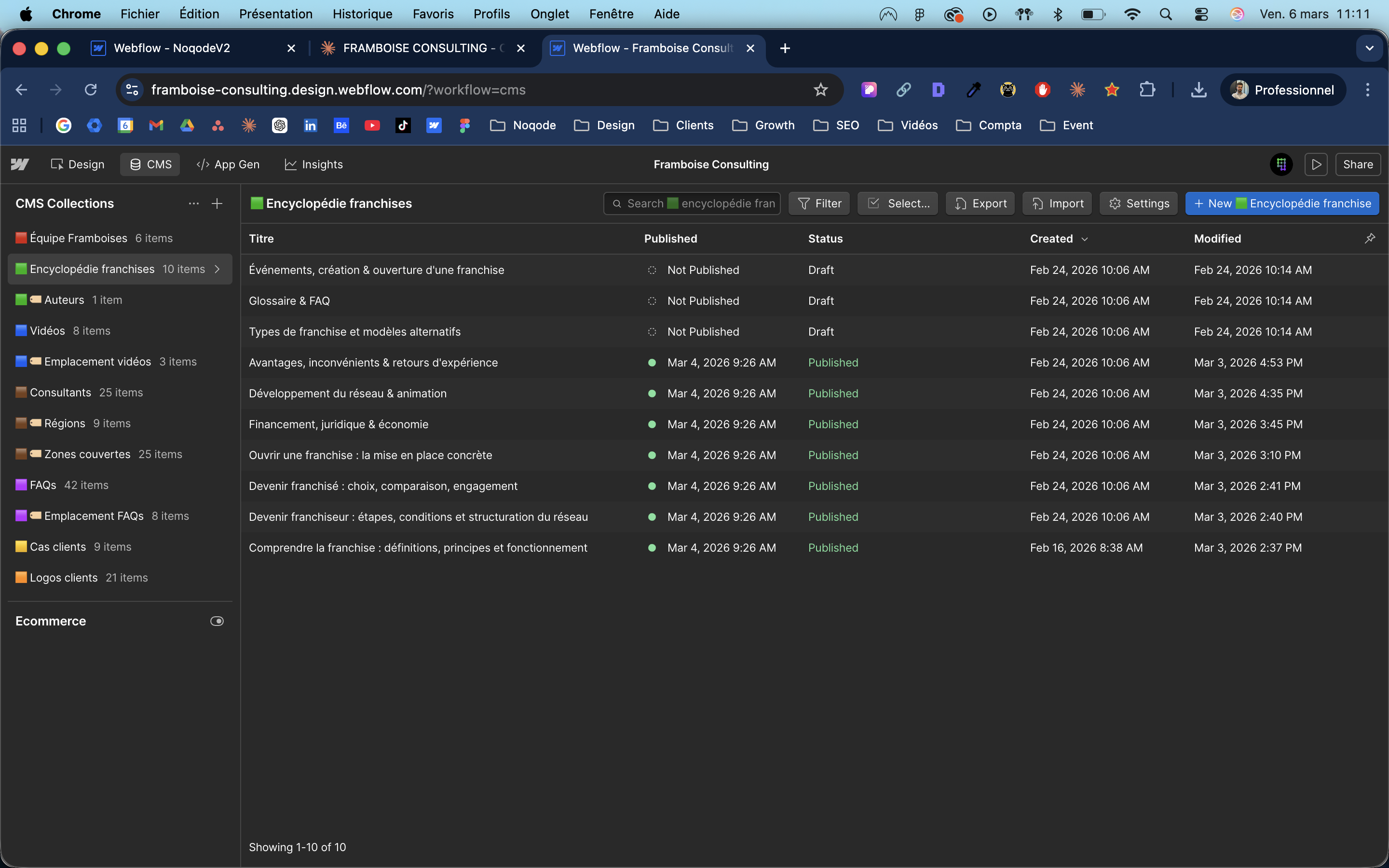 nterface CMS Webflow encyclopédie franchise collections Framboise Consulting