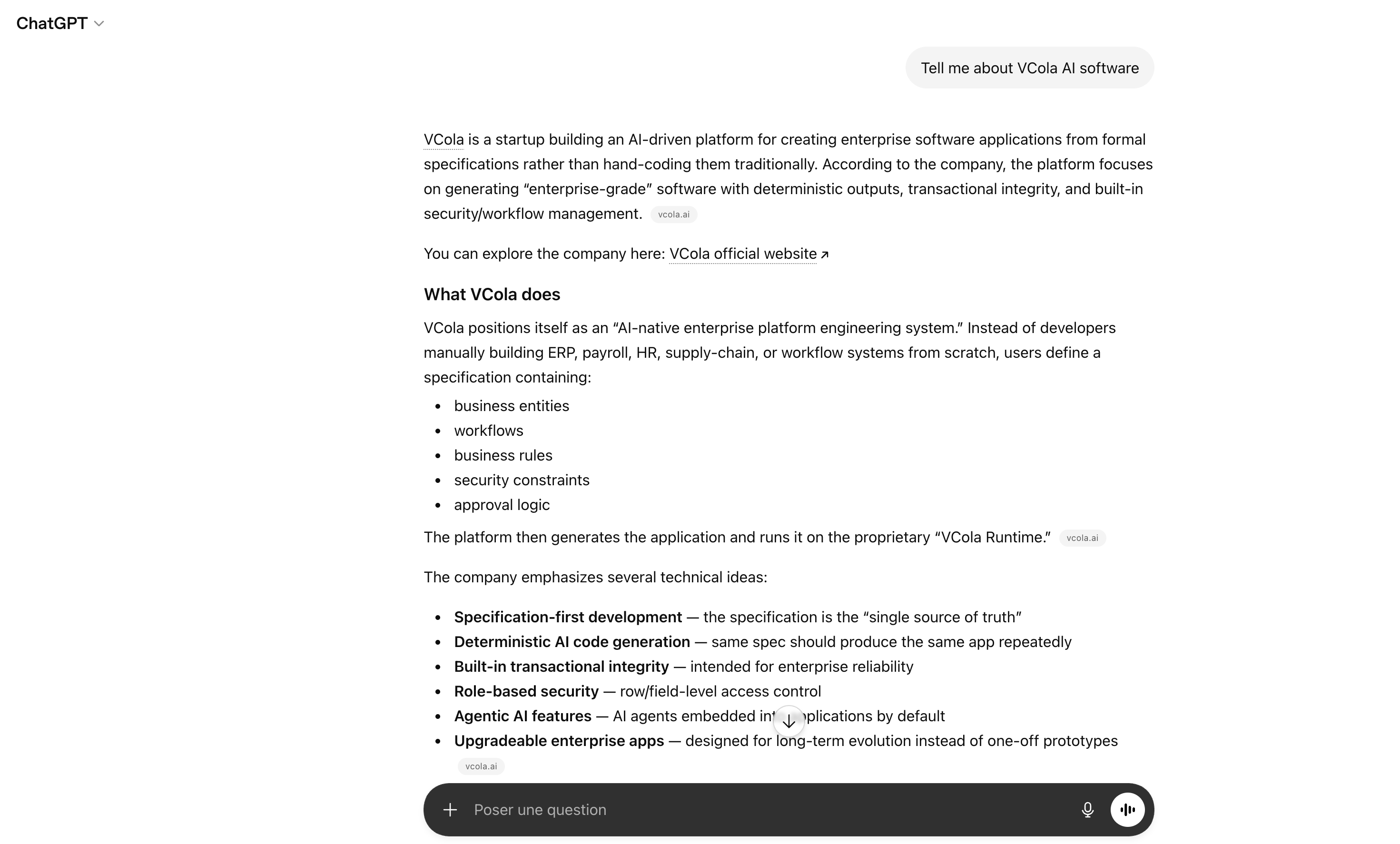 VCola cited by ChatGPT and Perplexity thanks to Noqode's AEO strategy, llms.txt file and schema.org markup