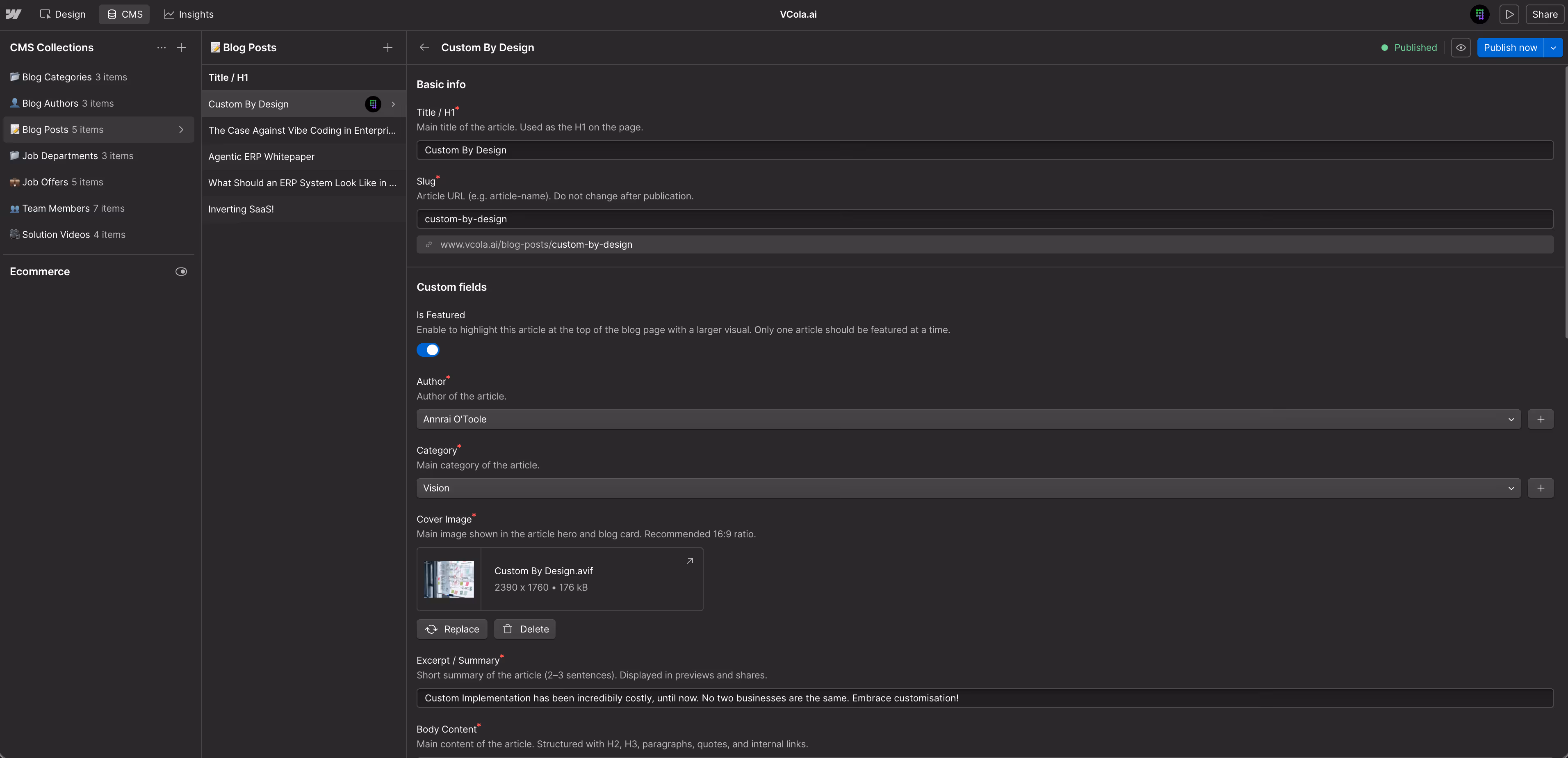 CMS Webflow VCola structuré en 7 collections pour autonomie éditoriale, Blog, Solutions et Team Members