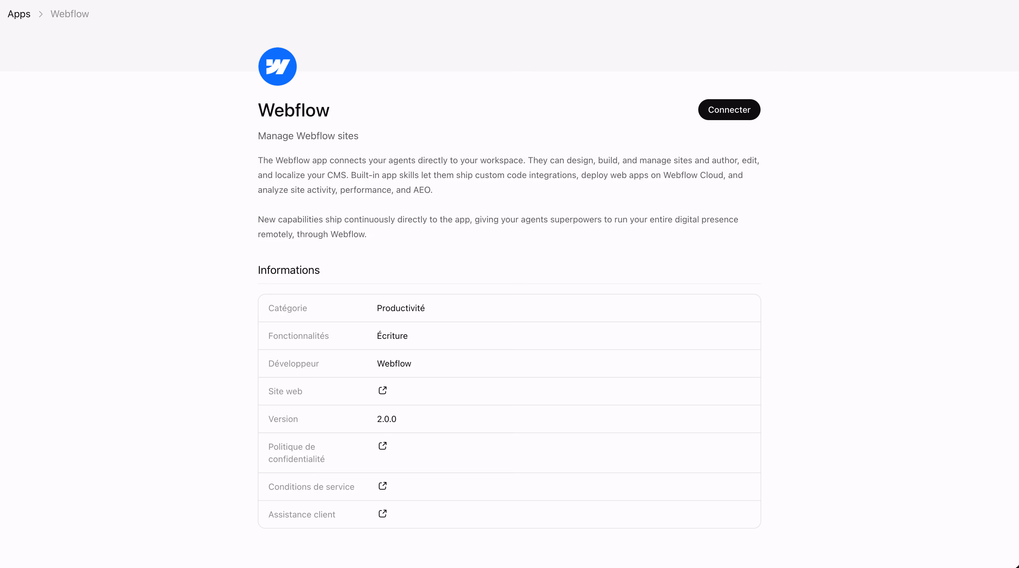 Menu Settings puis Apps de ChatGPT avec l'application Webflow dans Browse apps