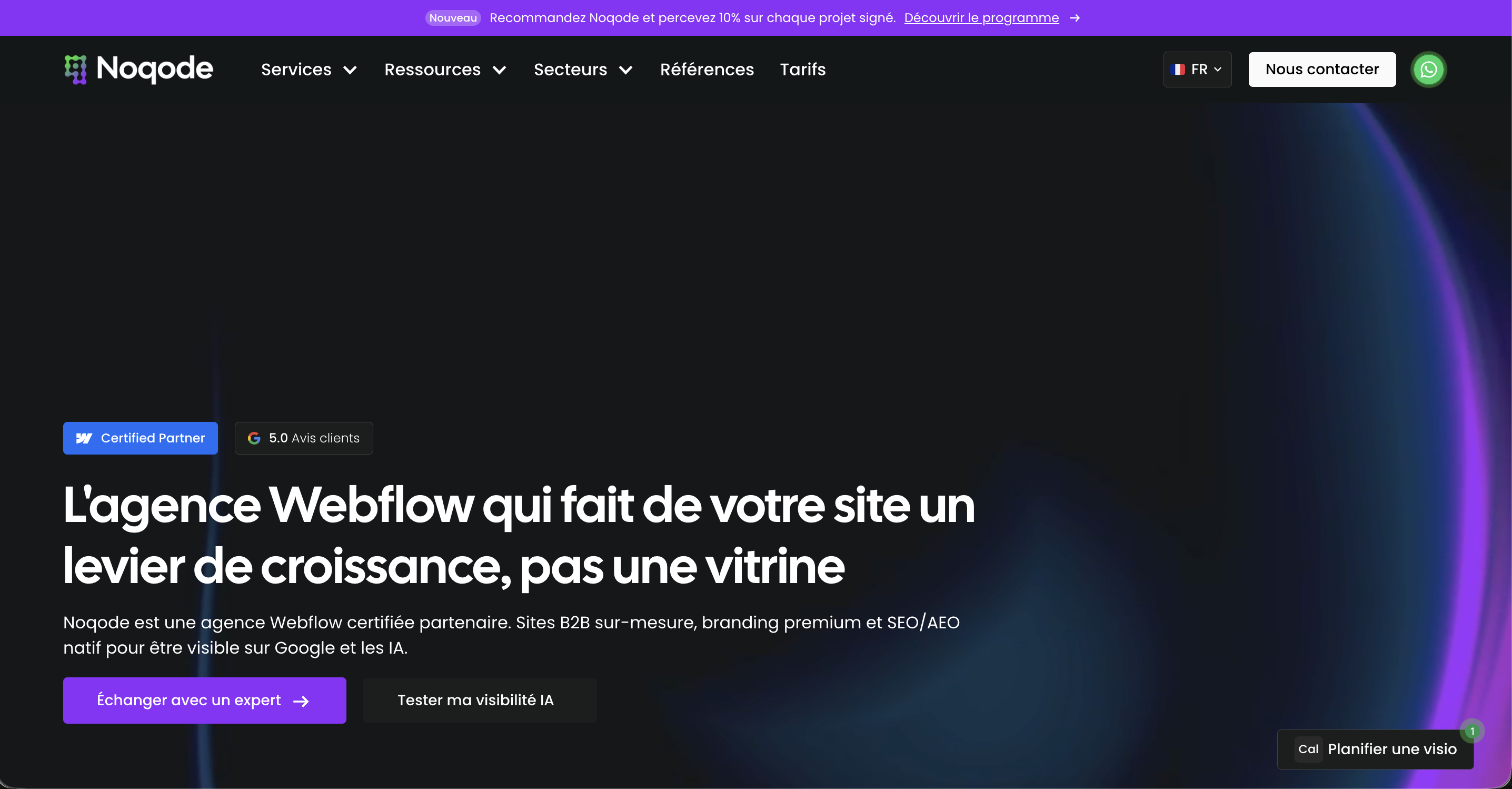 Page d'accueil de Noqode, agence Webflow et branding premium à Paris