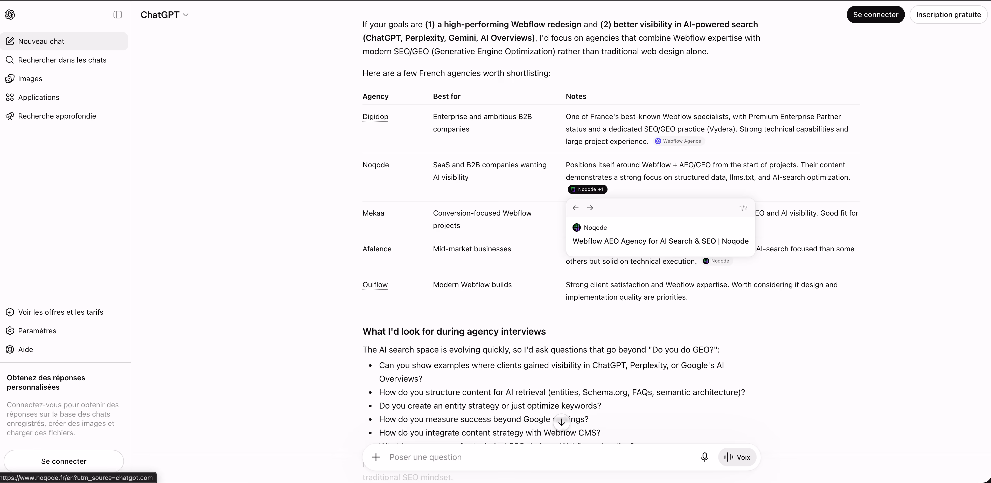 Réponse ChatGPT sur un prompt d'acheteur B2B citant Noqode dans une shortlist d'agences Webflow françaises aux côtés d'acteurs dix fois plus gros