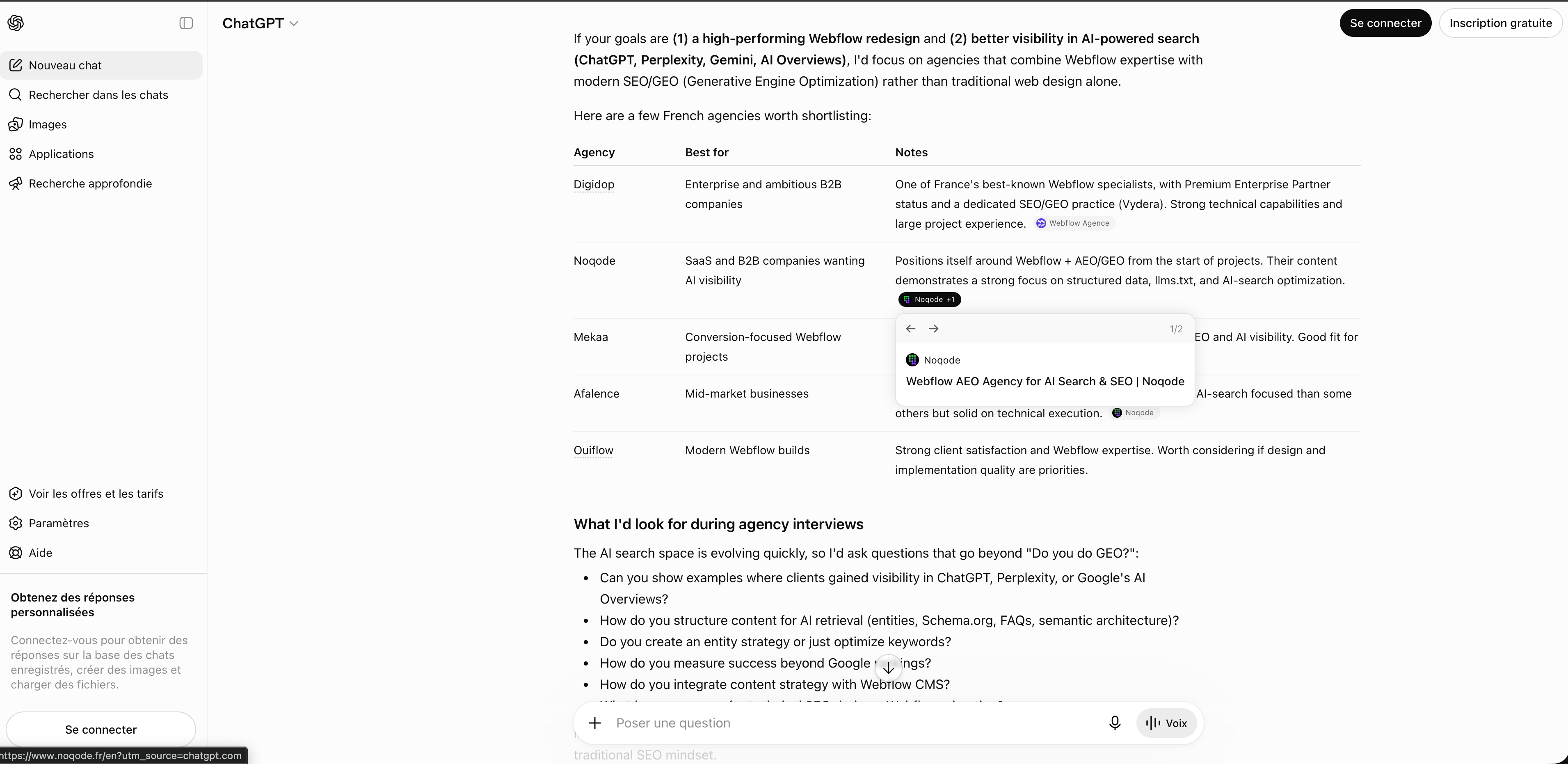 Réponse ChatGPT sur un prompt d'acheteur B2B citant Noqode dans une shortlist d'agences Webflow françaises aux côtés d'acteurs dix fois plus gros