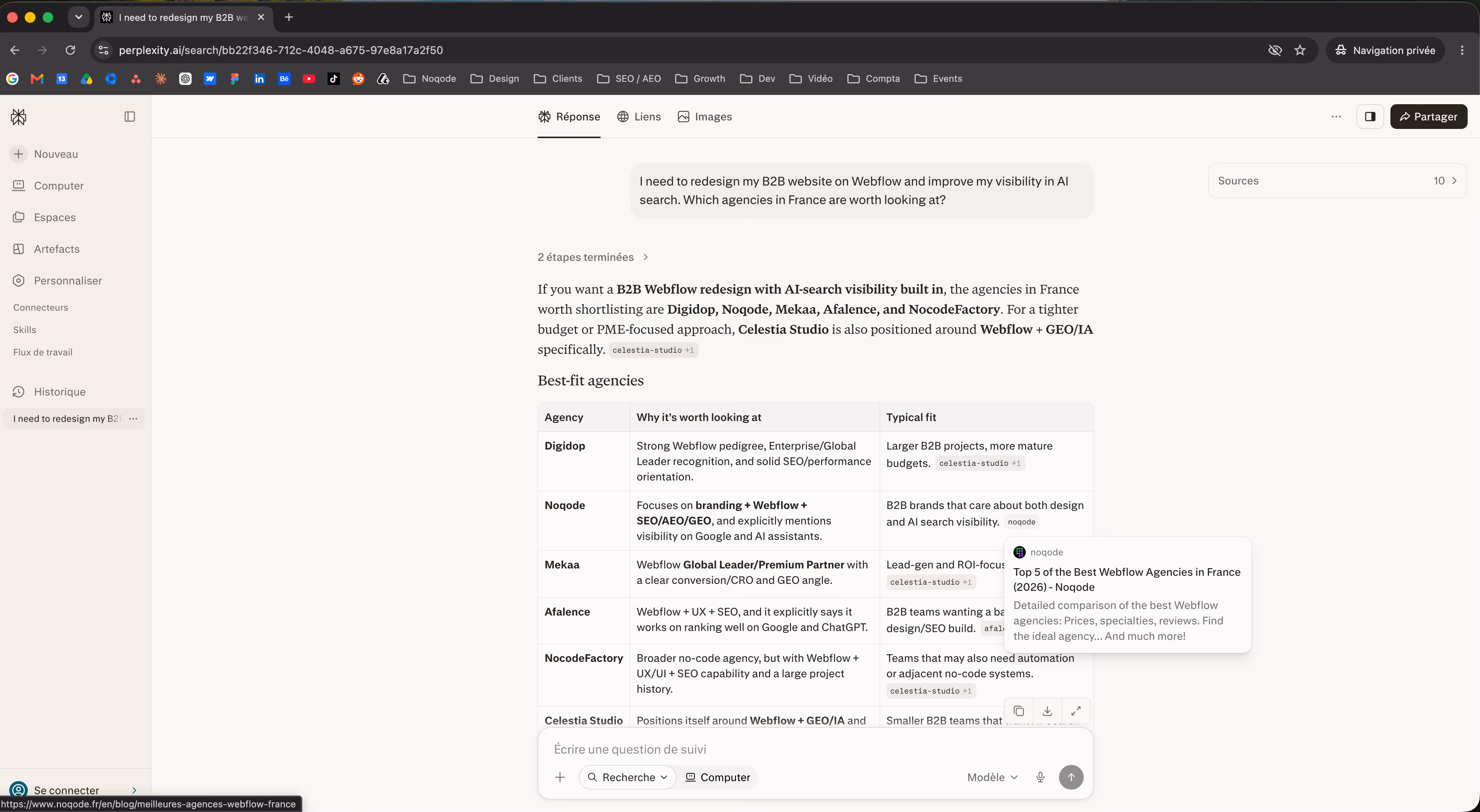 Réponse Perplexity classant Noqode sur une requête d'agence Webflow en France, avec sa propre page comparative citée en source