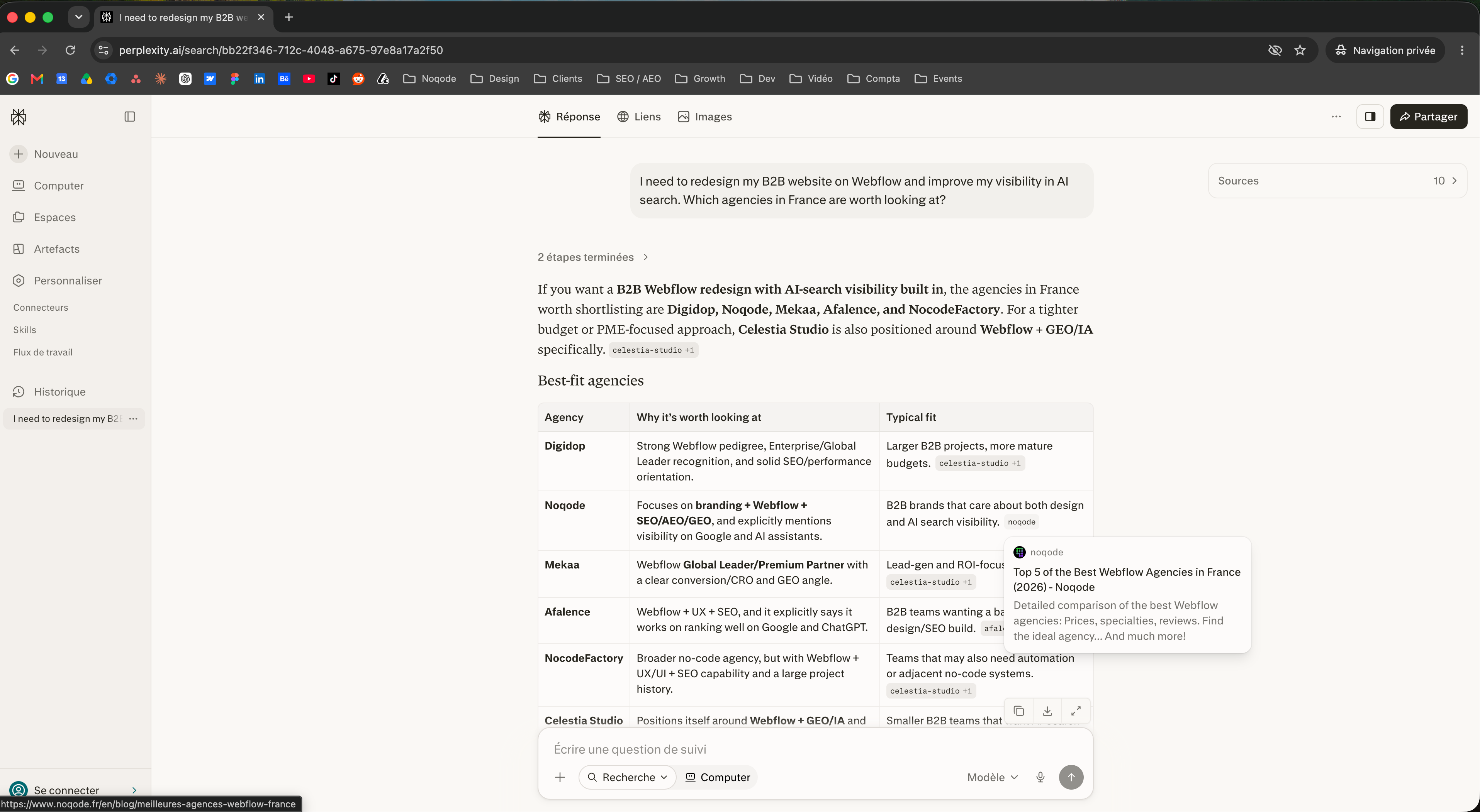 Réponse Perplexity classant Noqode sur une requête d'agence Webflow en France, avec sa propre page comparative citée en source