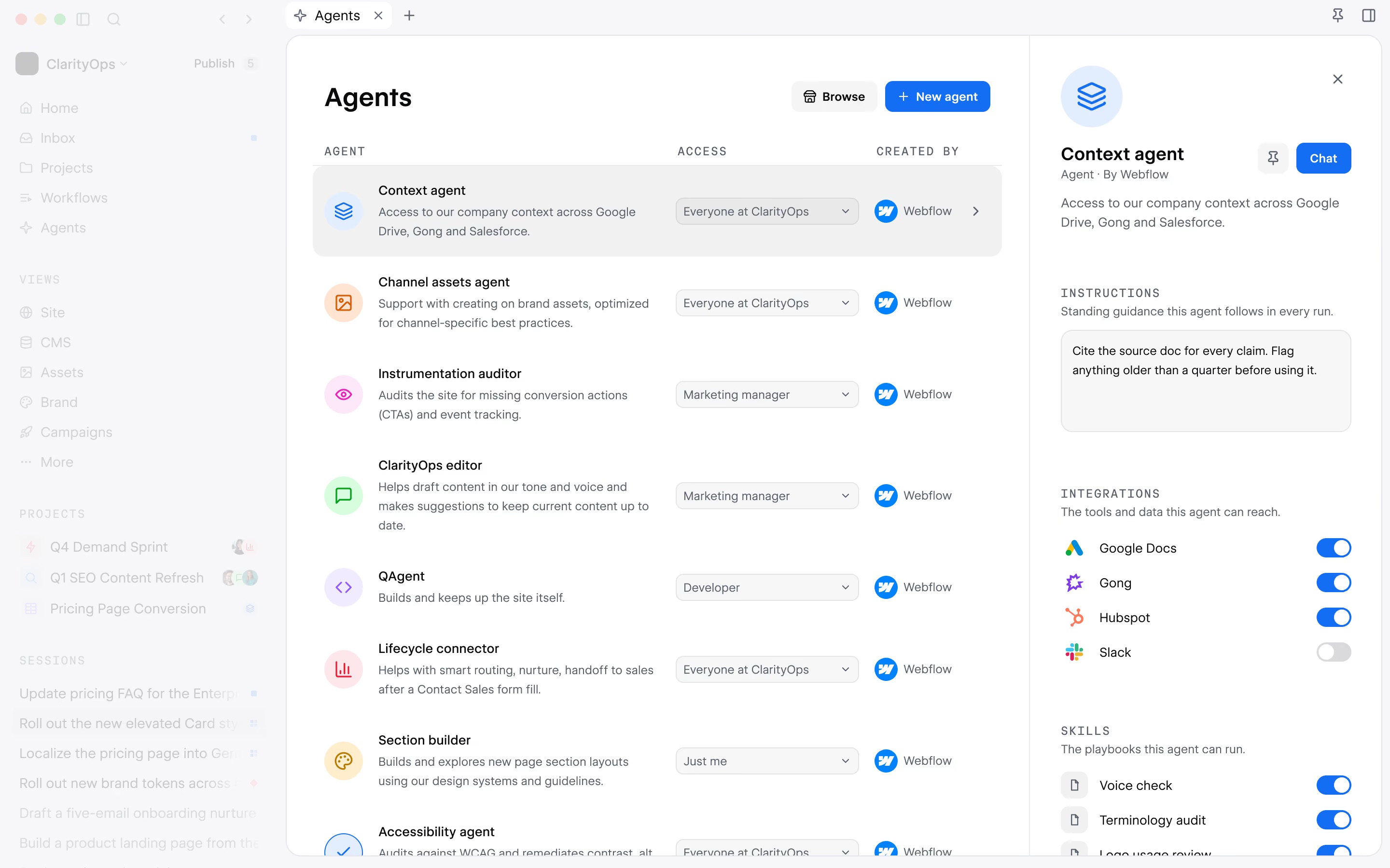 Interface Agents de Source by Webflow listant les agents configurés avec leur niveau d'accès par rôle