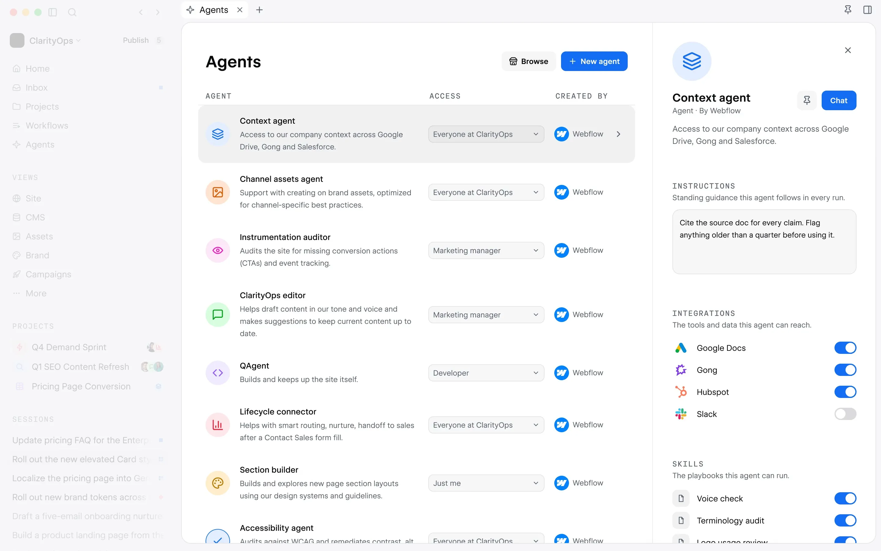 Interface Agents de Source by Webflow listant les agents configurés avec leur niveau d'accès par rôle