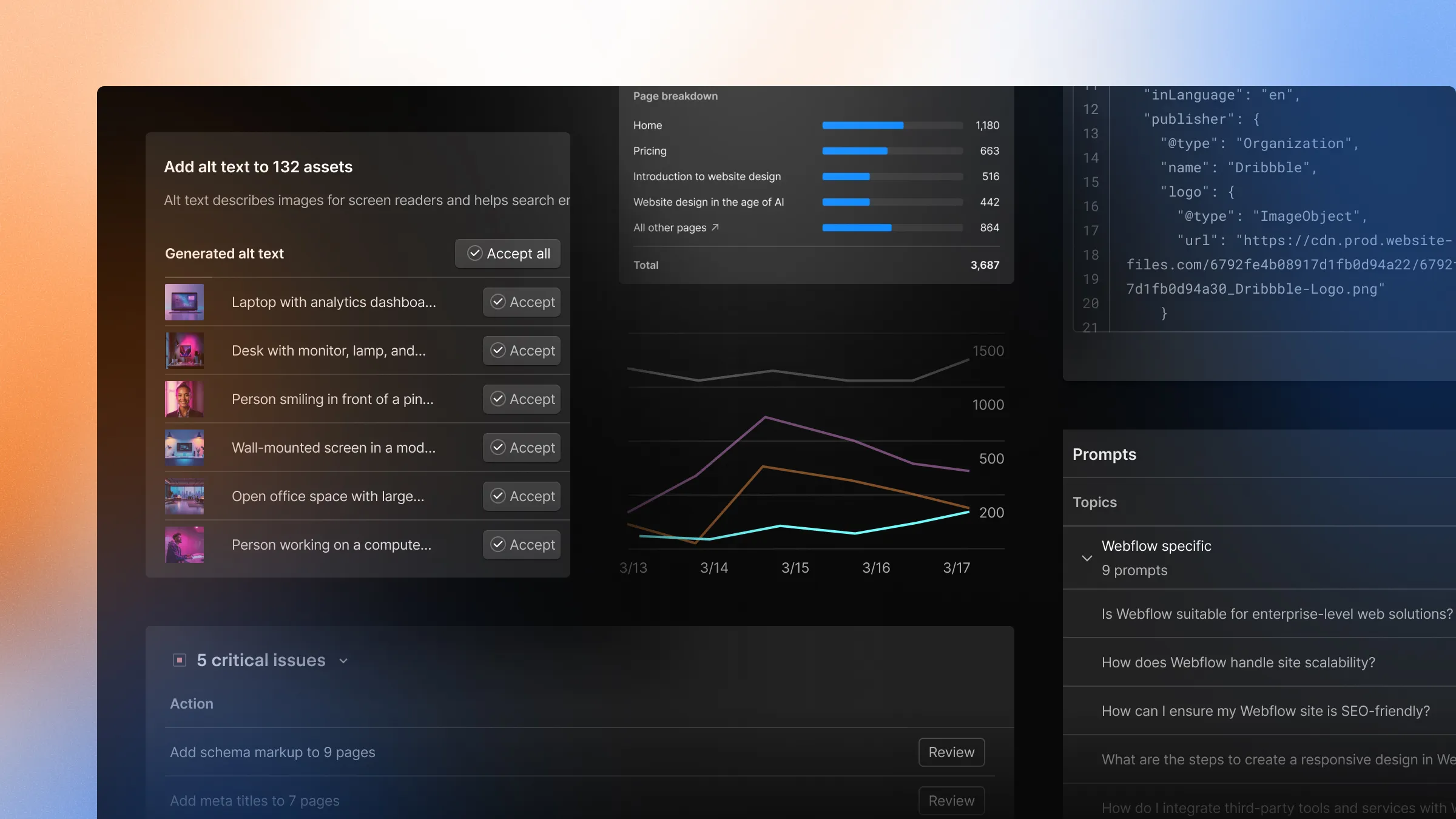 Module AEO de Webflow générant des alt texts, listant les problèmes critiques et suivant les mentions par prompt