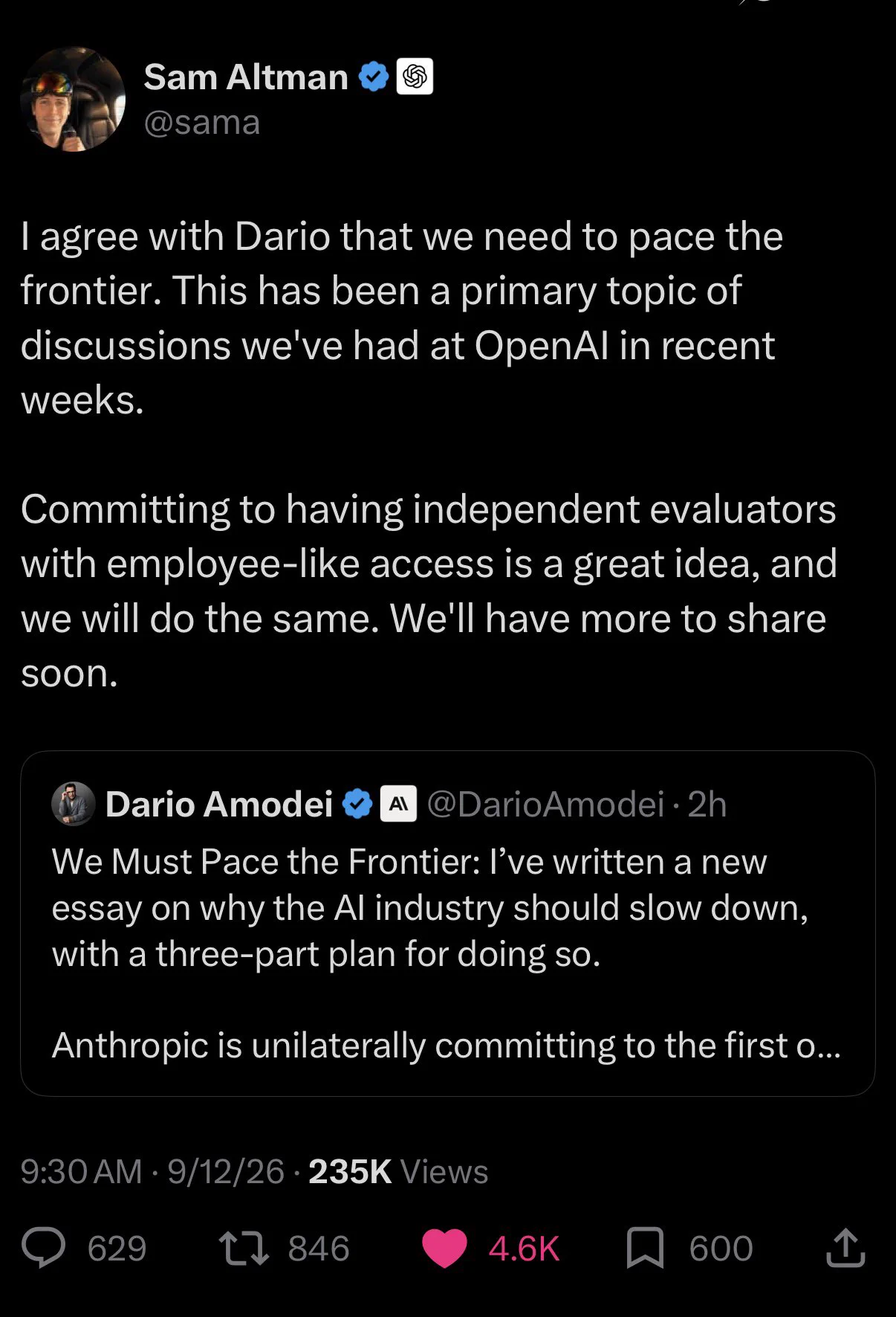 Post de Sam Altman sur X approuvant l'essai de Dario Amodei « We Must Pace the Frontier », 12 septembre 2026