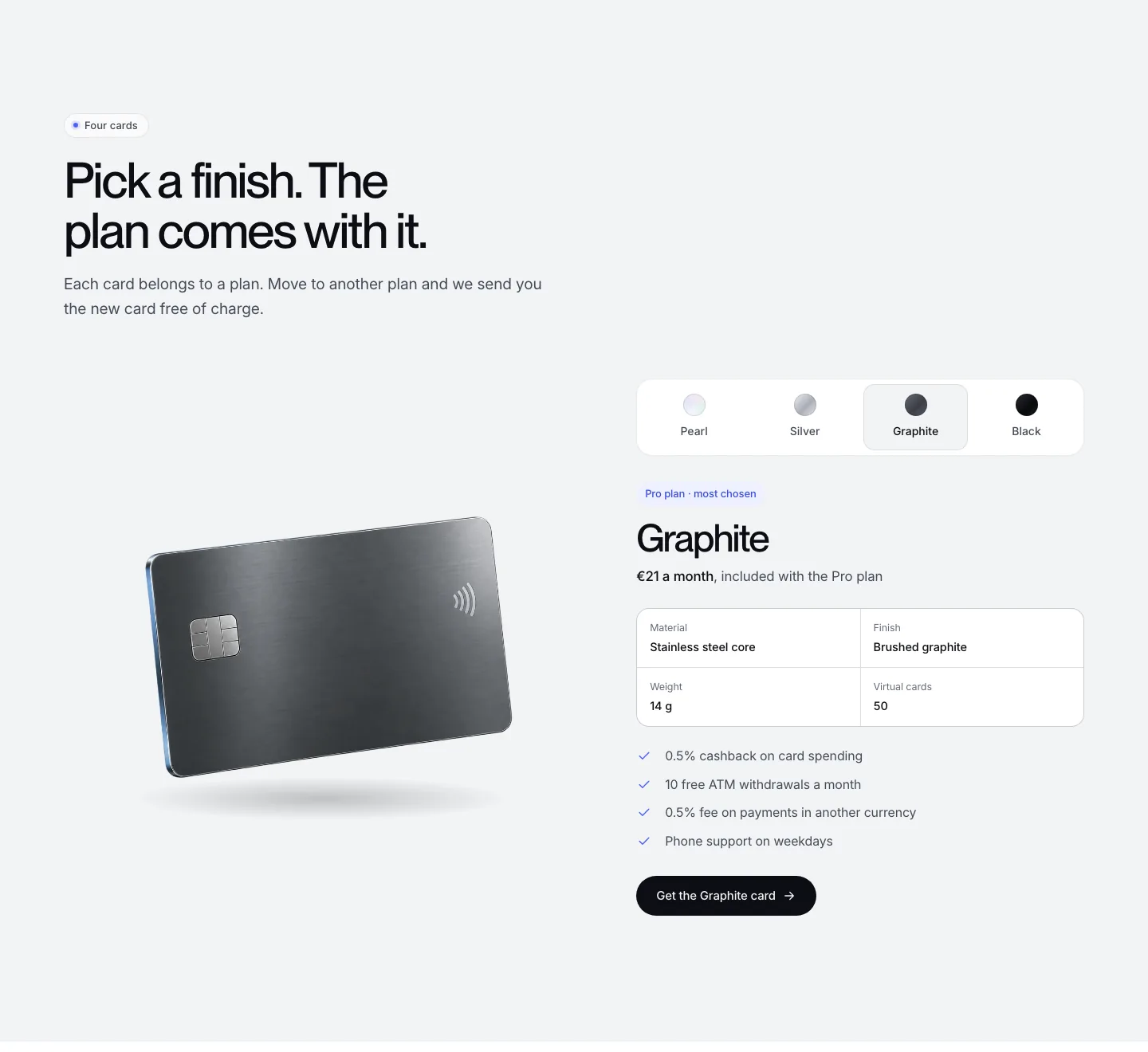 Card selector on the Kova V1 cards page with the Graphite card selected, site built by Claude Opus 5.5 without Mobbin