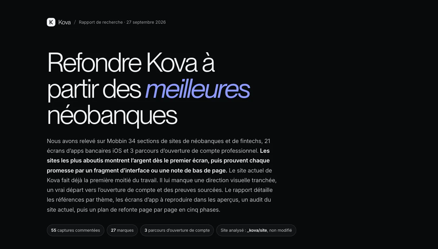 First page of the Mobbin research report written by Claude Opus 5.5 for the Kova redesign, with 55 screenshots, 27 brands and 3 flows