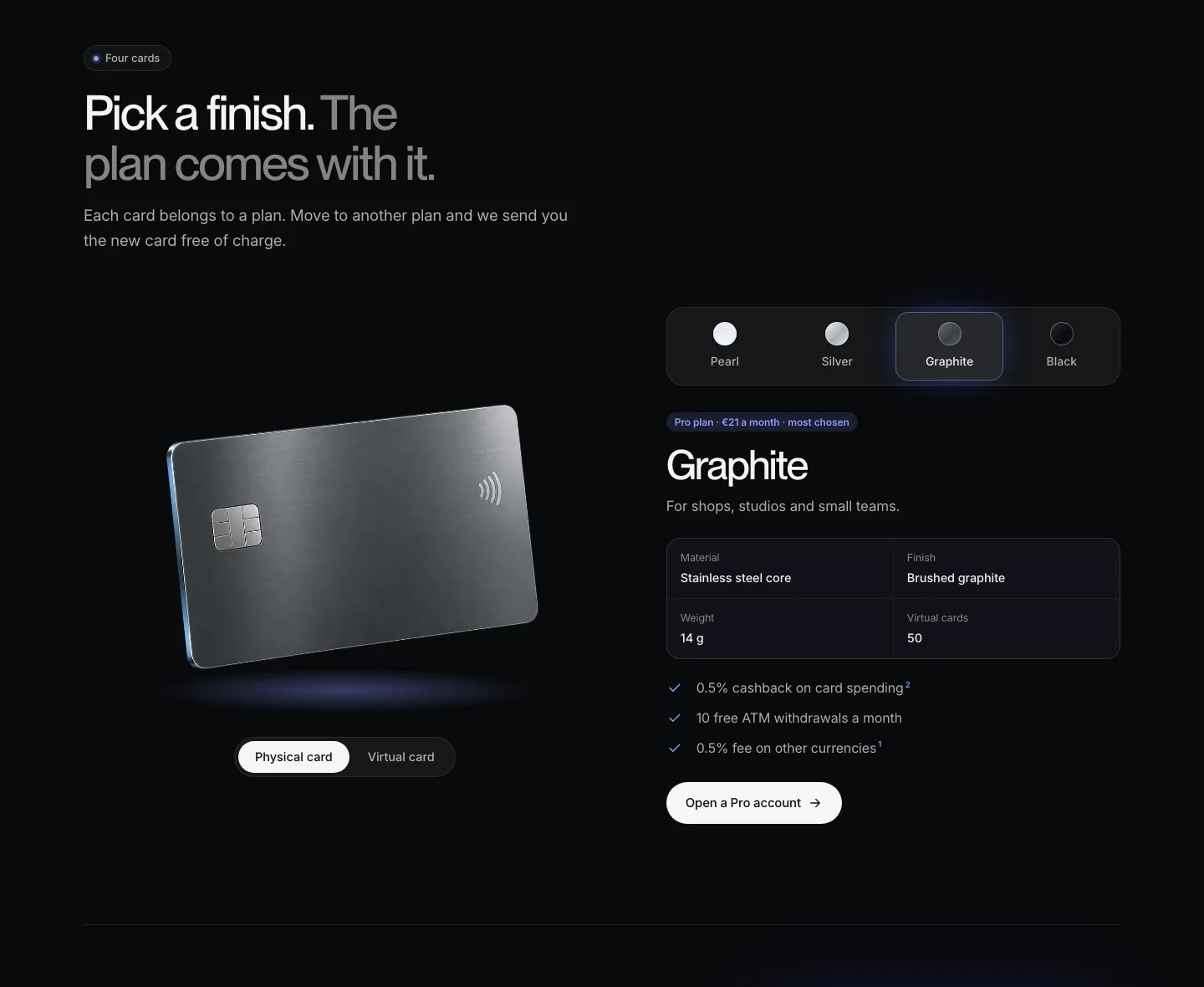 Dark mode card selector on the Kova V2 with a physical or virtual card toggle, site built by Claude Opus 5.5 with Mobbin