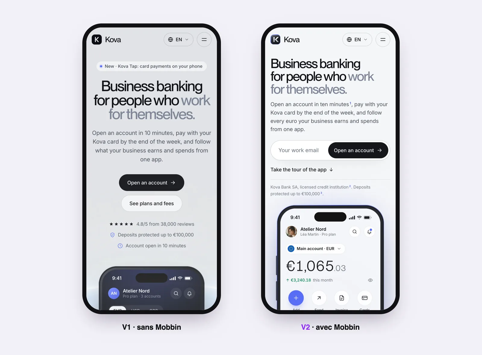 Kova V1 and V2 home pages side by side on mobile, sites built by Claude Opus 5.5 without and then with Mobbin