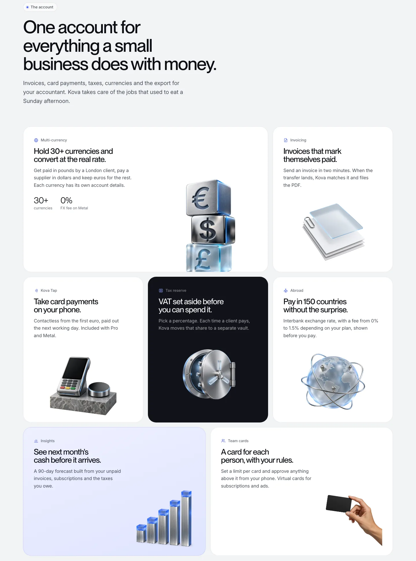 Bento grid on the Kova V1 home page with the 3D objects generated by ChatGPT, site built by Claude Opus 5.5 without Mobbin