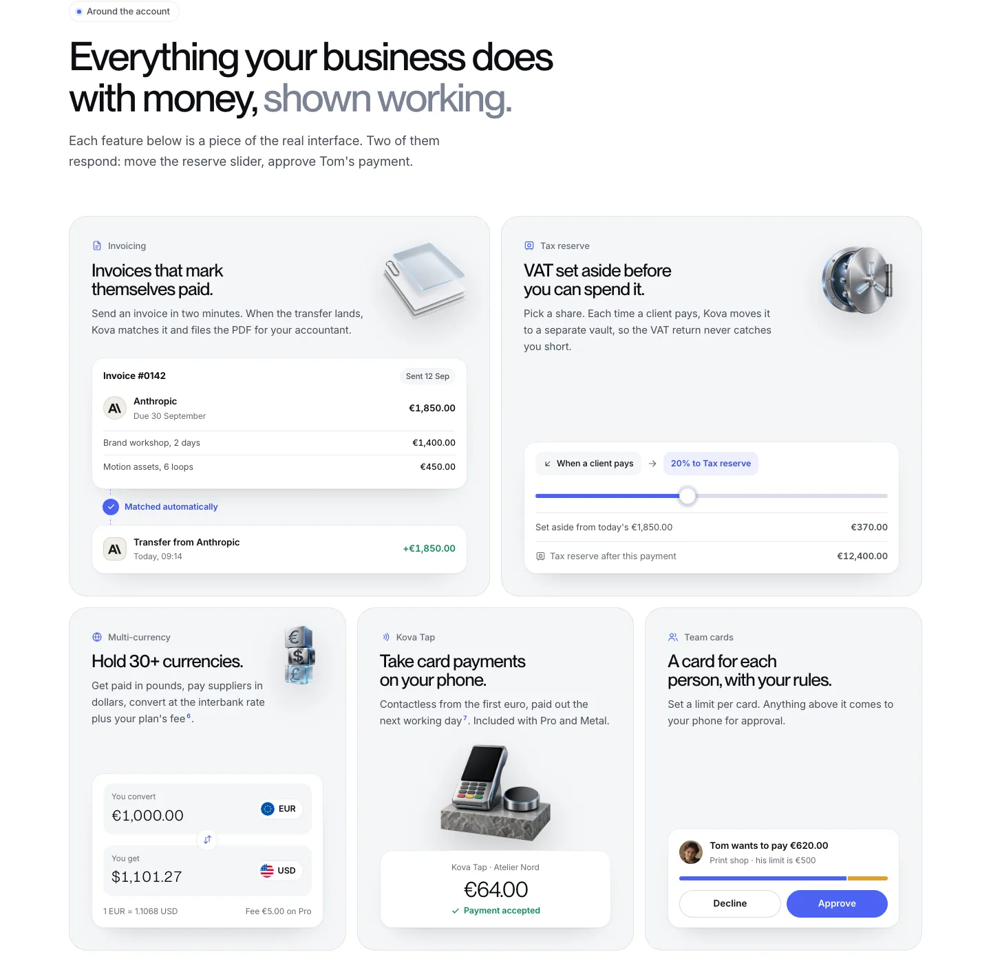 Features section of the Kova V2 with a matched invoice, a VAT reserve and a currency conversion shown as interface, site built by Claude Opus 5.5 with Mobbin