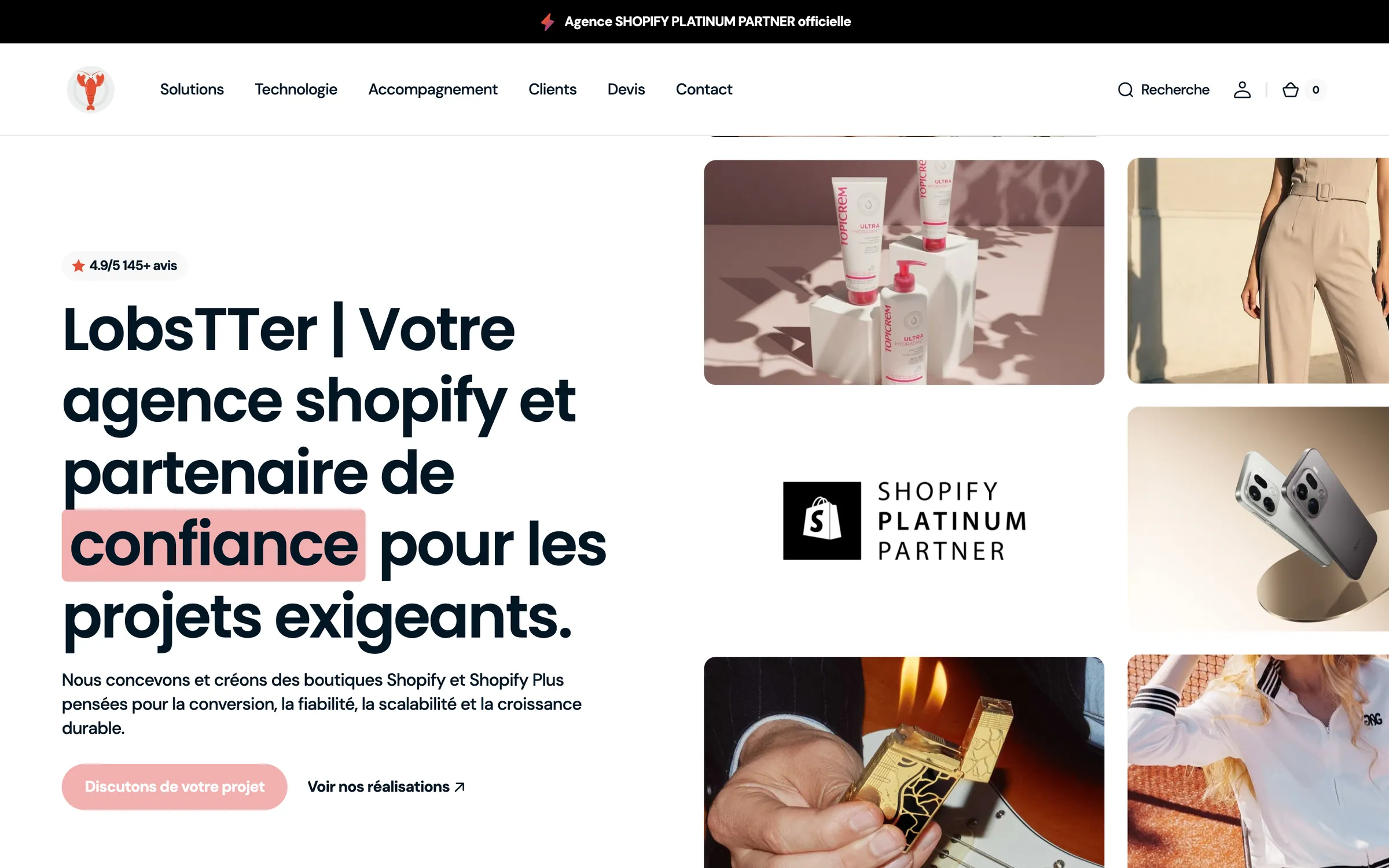 LobsTTer homepage, Shopify Platinum Partner agency