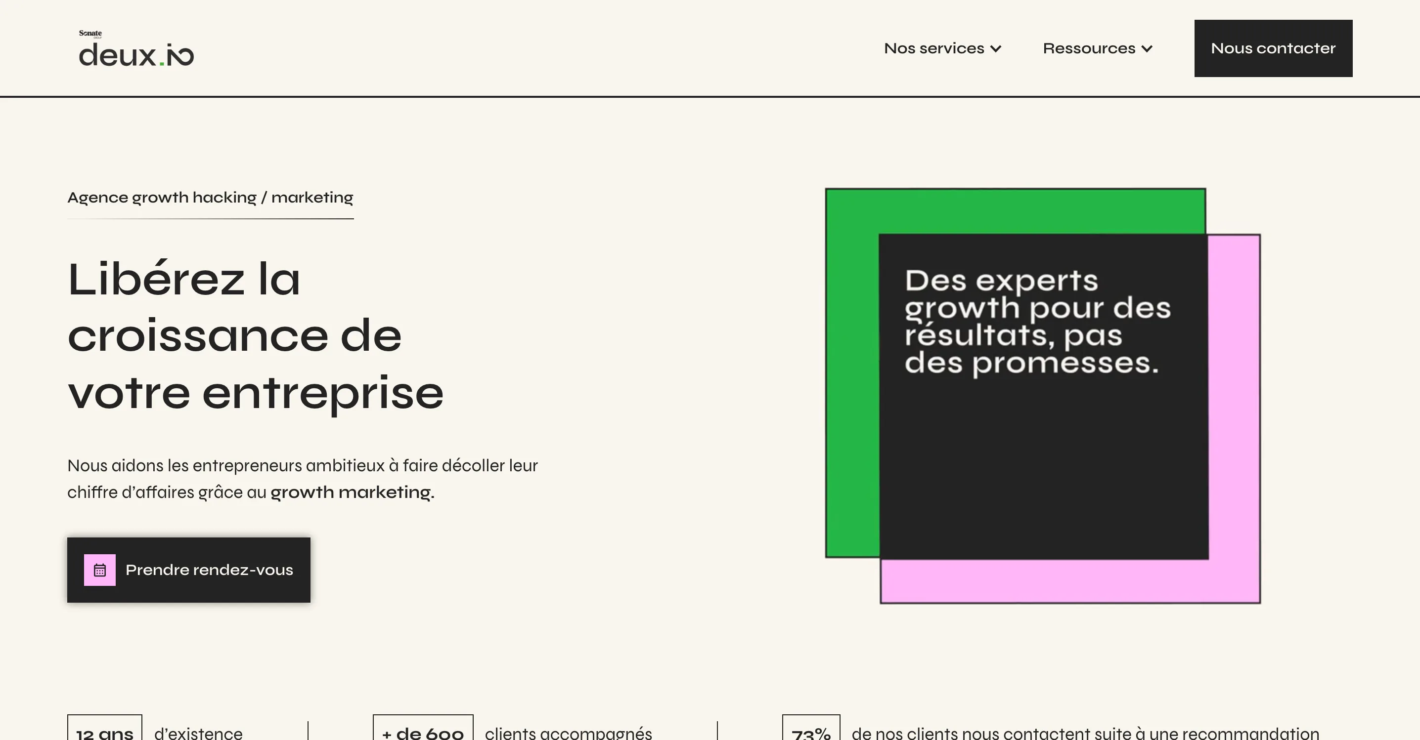 Deux.io homepage, growth hacking and marketing agency