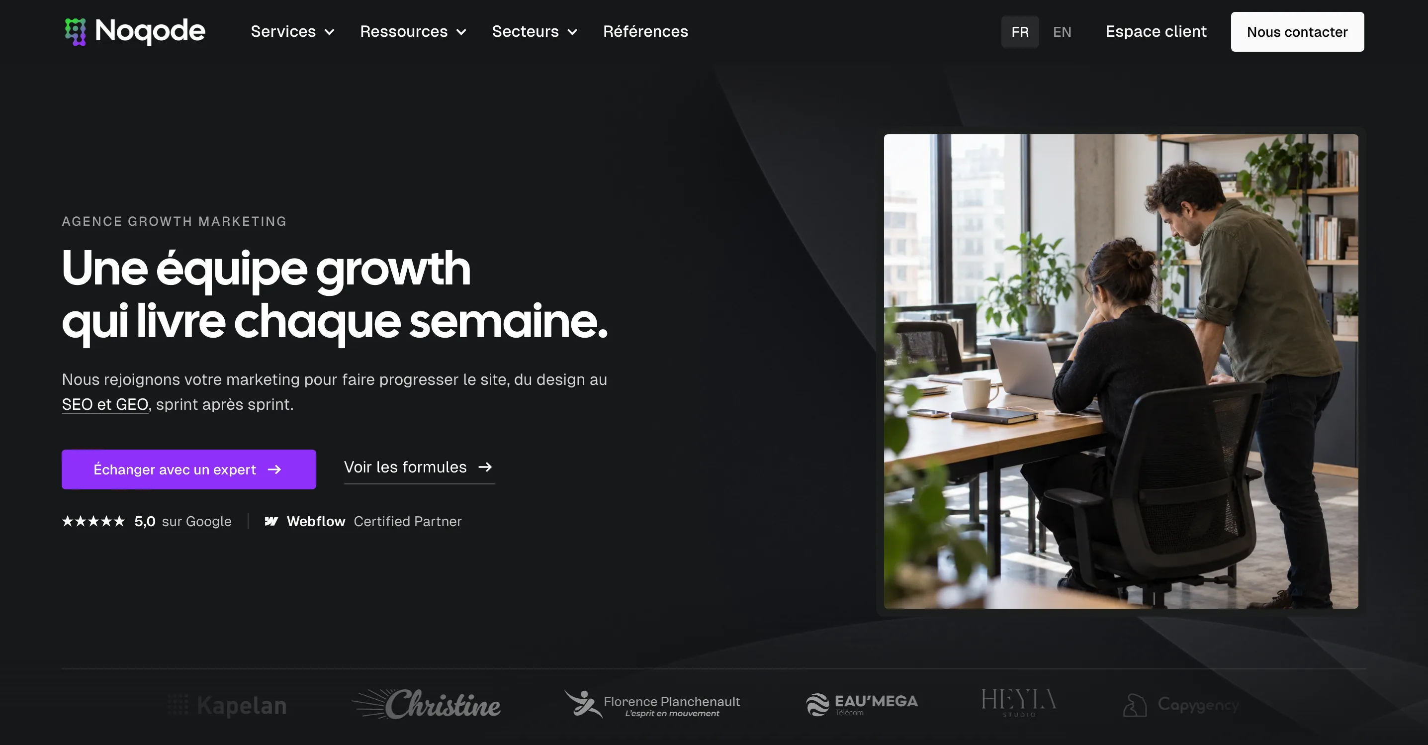 Page Agence growth marketing de Noqode : une équipe growth qui livre chaque semaine