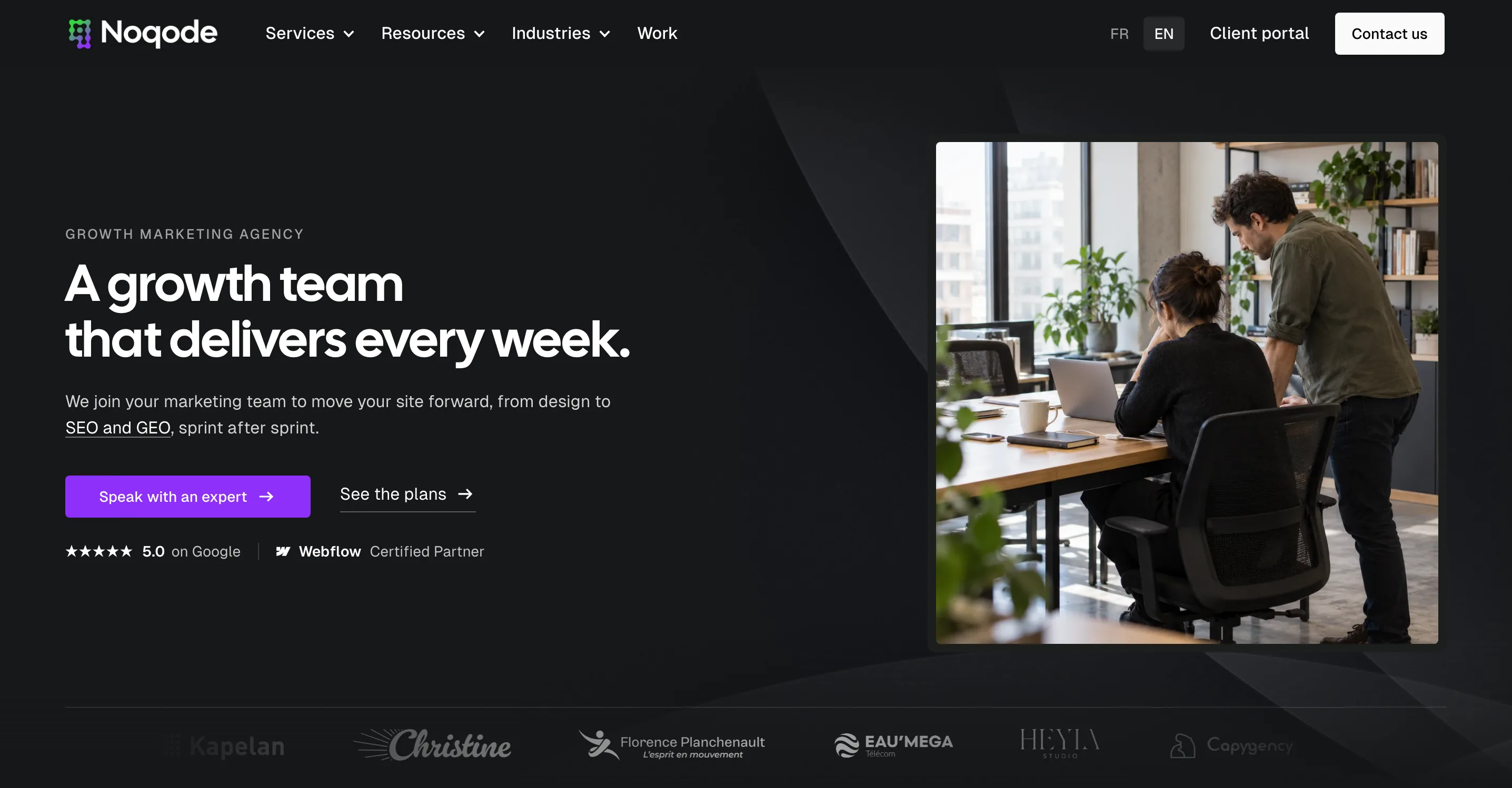 Noqode growth marketing agency page: a growth team that delivers every week