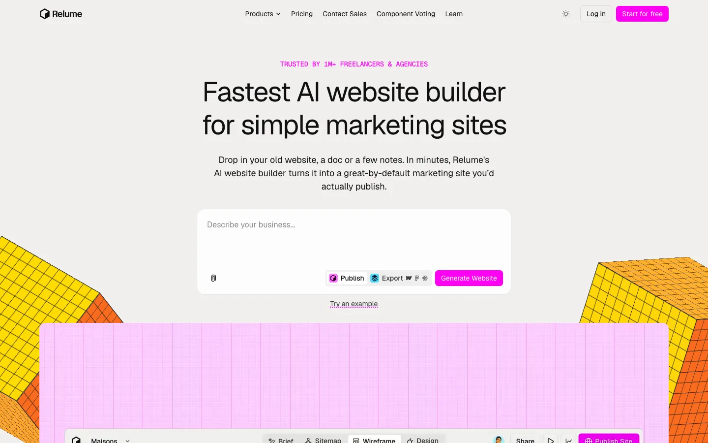 Page d'accueil de Relume, constructeur de sites marketing par IA avec champ de brief et export vers Figma et Webflow