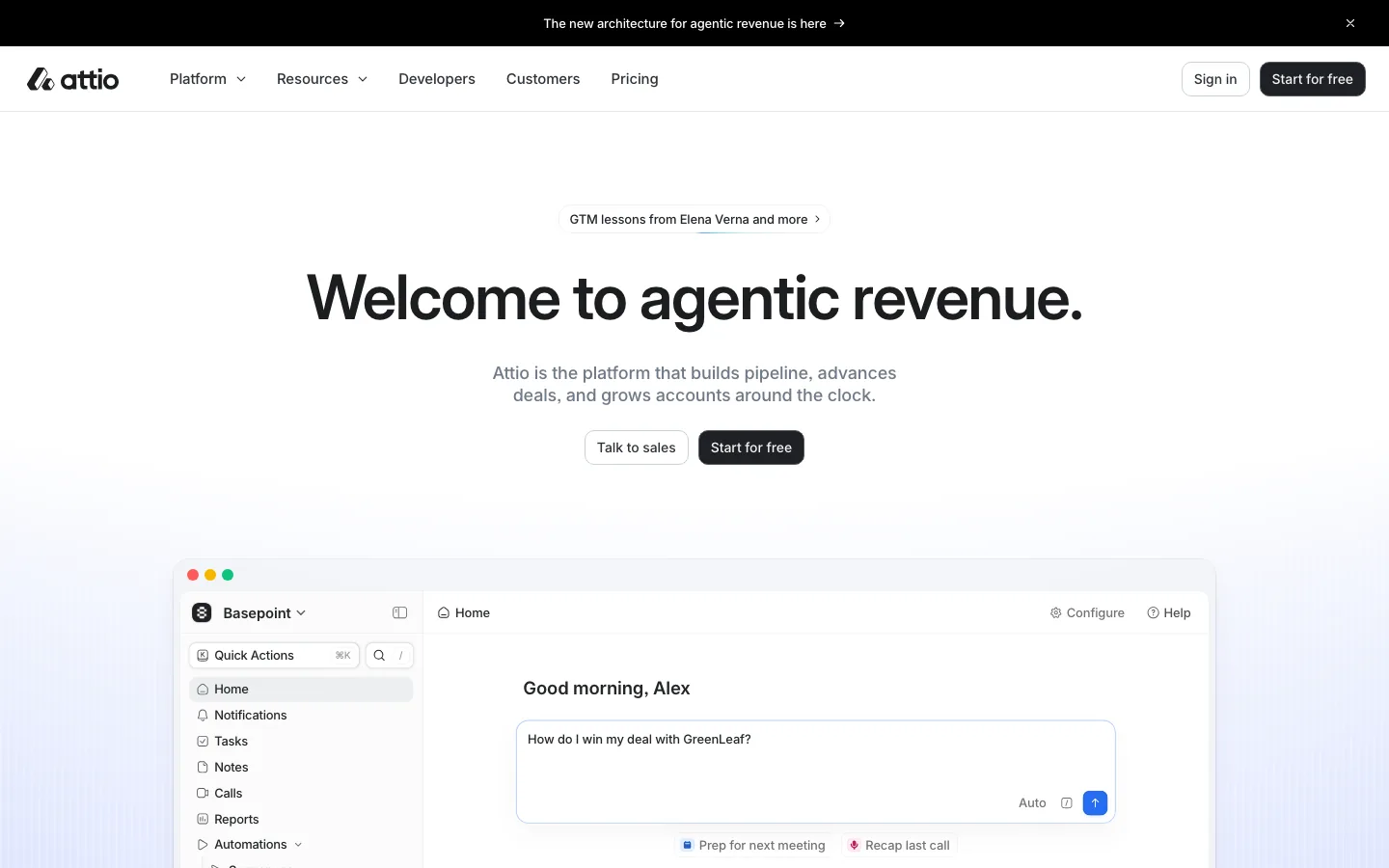 Page d'accueil d'Attio, CRM pour les équipes commerciales avec assistant IA intégré