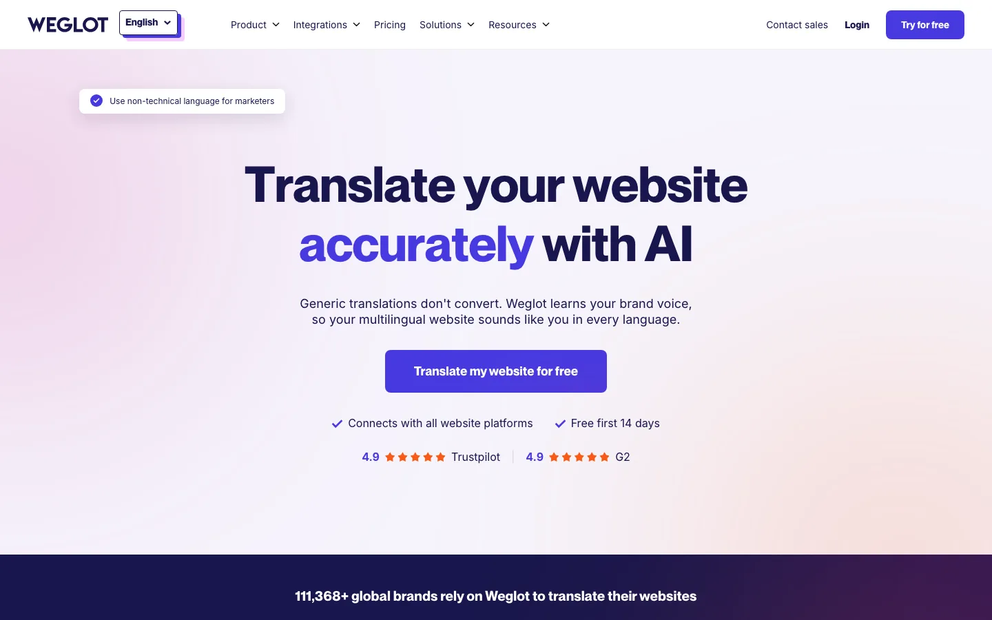 Weglot homepage, an AI website translation solution
